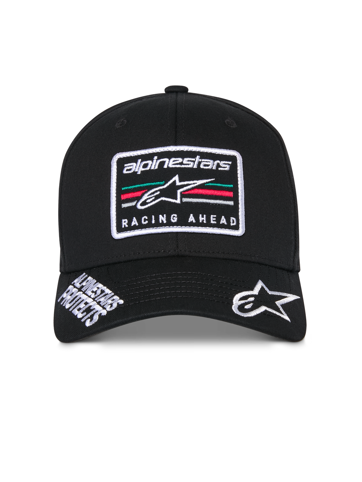 Cappello Alpinestars Surpass, cappellino da baseball strutturato nero, visiera curva con logo Astars ricamato in bianco e scritta 'Alpinestars Protects', toppa frontale con logo 'Racing Ahead' e strisce multicolore, copricapo casual ispirato al motorsport