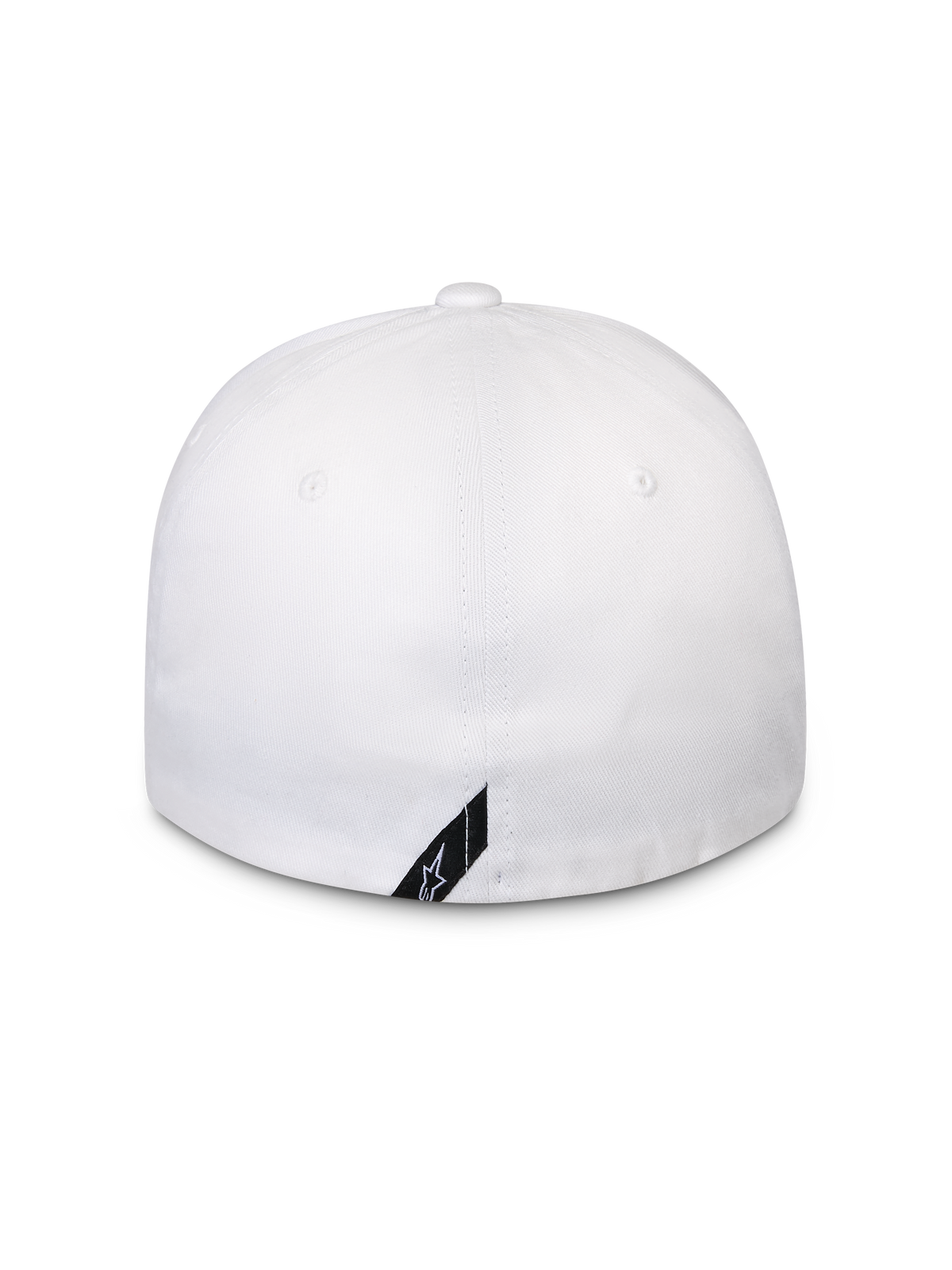 Cappello Alpinestars Surpass, bianco, vista posteriore di un berretto da baseball con retro flessibile, corona strutturata, piccola etichetta diagonale nera con logo Alpinestars sul bordo inferiore, abbigliamento sportivo casual