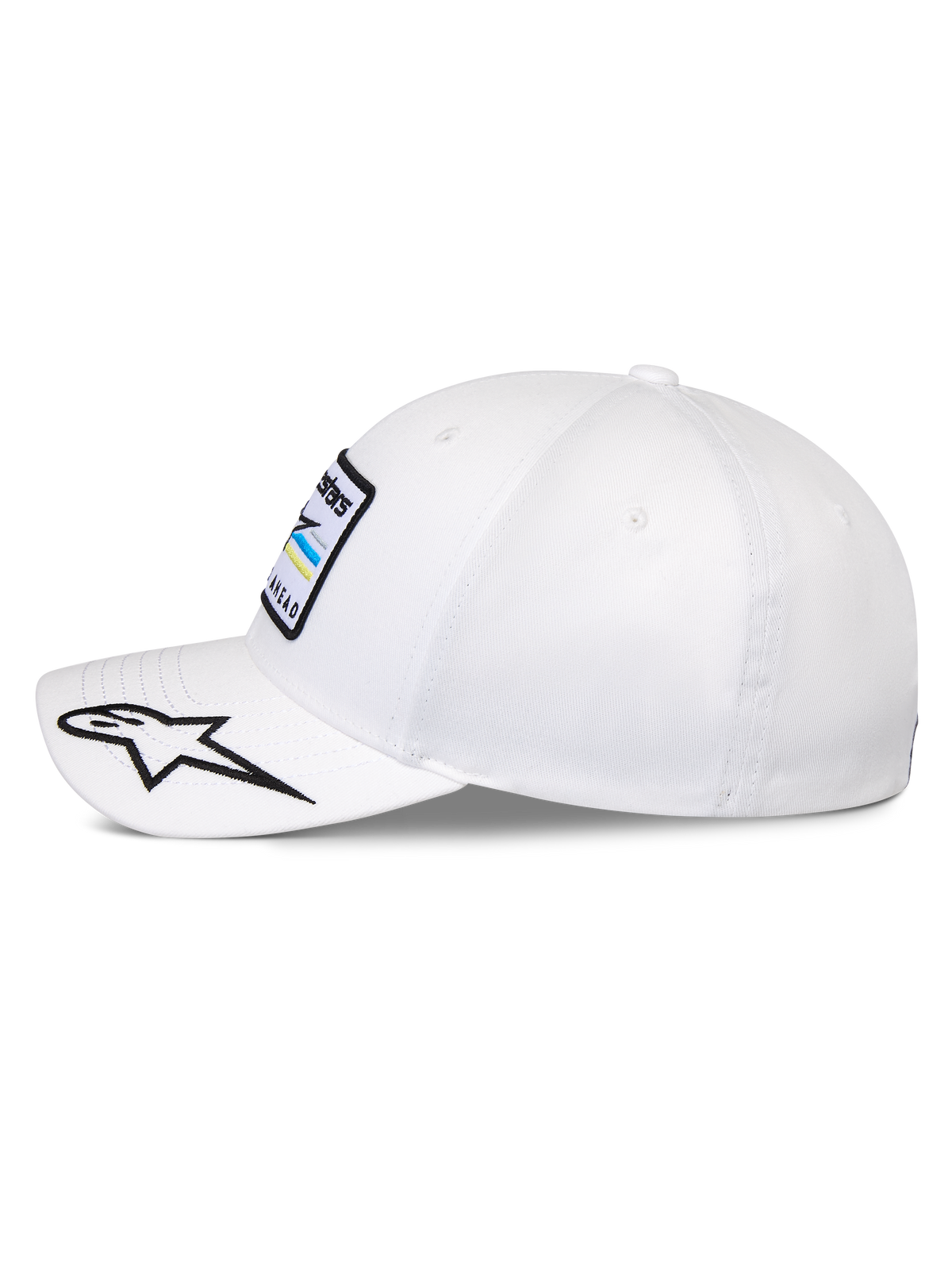 Cappello Alpinestars Surpass, berretto da baseball strutturato, bianco, visiera curva con logo a stella ricamato in bianco e nero, vista laterale con toppa frontale logo Astars, copricapo casual ispirato al motorsport