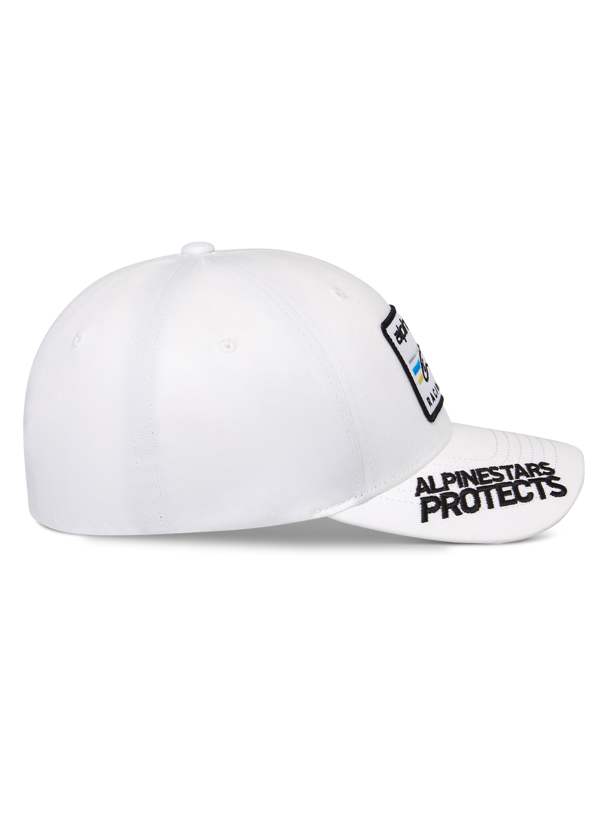 Cappello Alpinestars Surpass, bianco, visiera curva con ricamo nero 'ALPINESTARS PROTECTS', corona strutturata con toppa frontale con logo, berretto da baseball sportswear casual