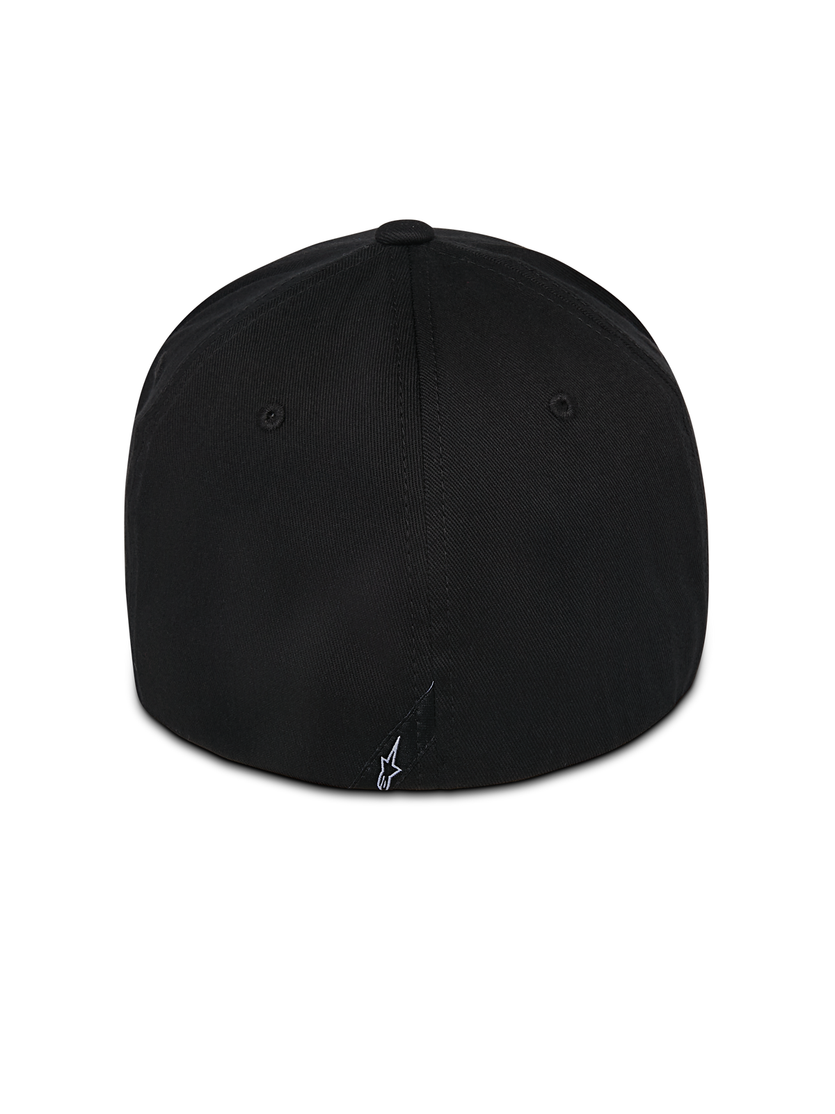 Cappello Alpinestars Pivot, berretto nero con retro flessibile, vista posteriore con piccolo logo Astars bianco ricamato, costruzione in twill, abbigliamento casual motorsport