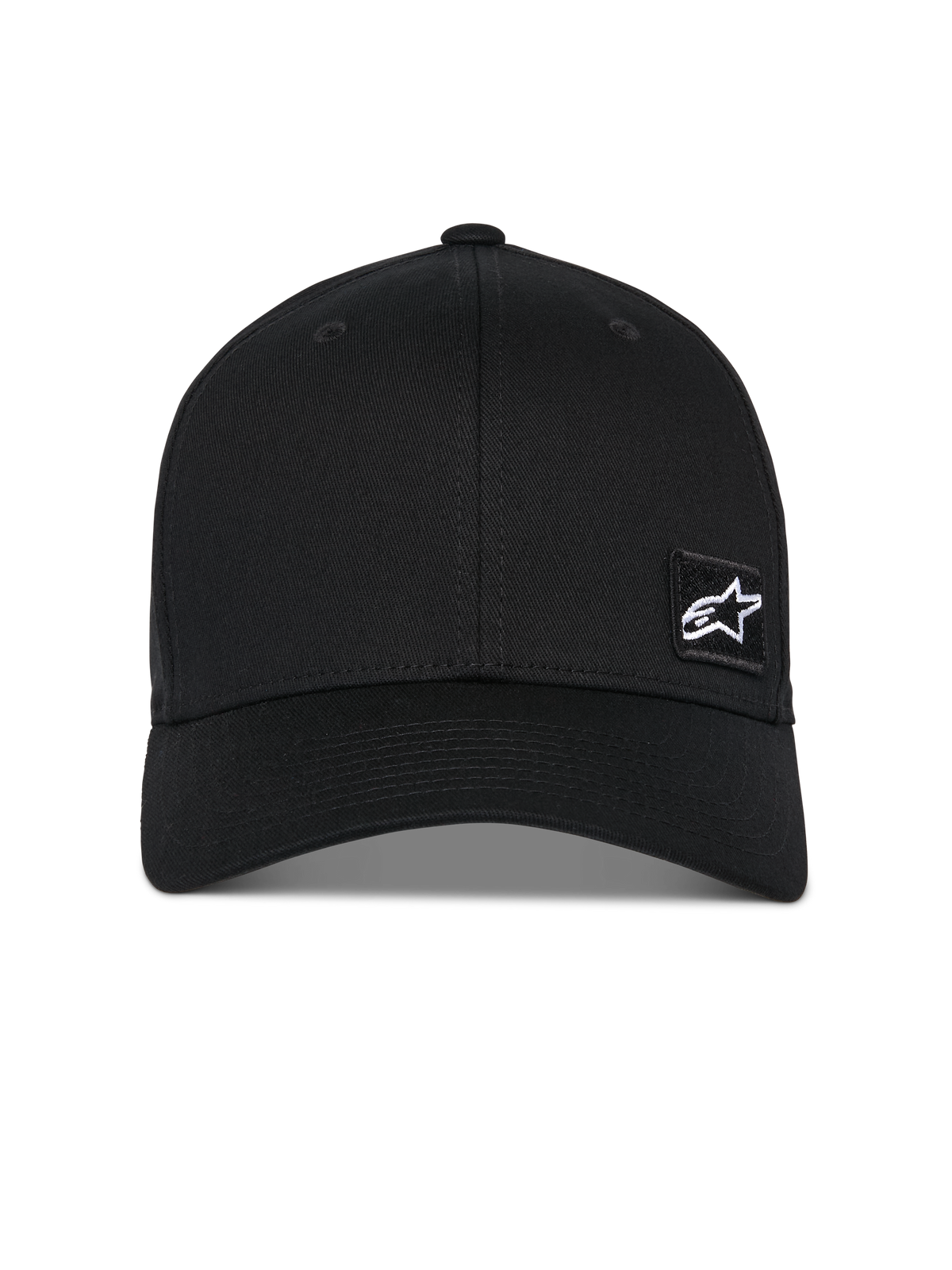 Alpinestars Pivot Hat, berretto da baseball nero, visiera curva con corona strutturata, piccolo logo Astars bianco su toppa ricamata nera, abbigliamento sportivo casual ispirato al motorsport
