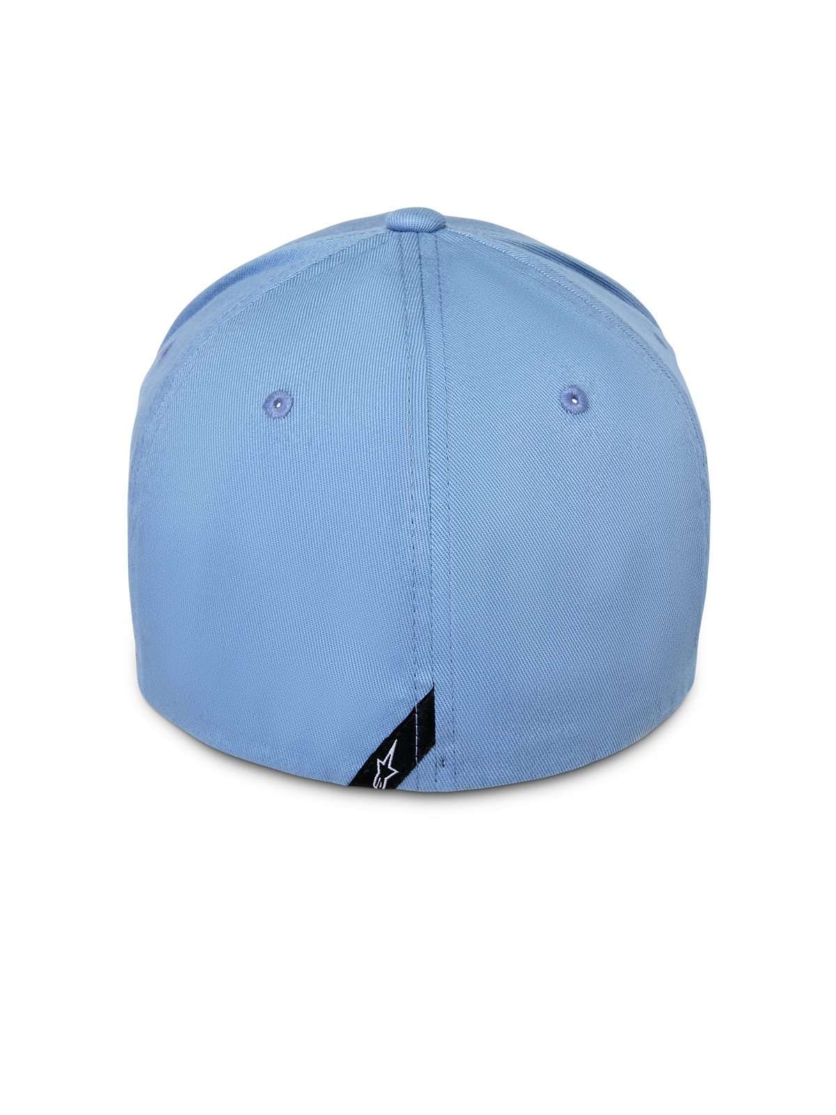 Cappello Alpinestars Pivot, blu, vista posteriore di cappellino da baseball flex back, twill di cotone azzurro con piccola etichetta nera con logo Astars sul bordo, streetwear casual ispirato al motorsport
