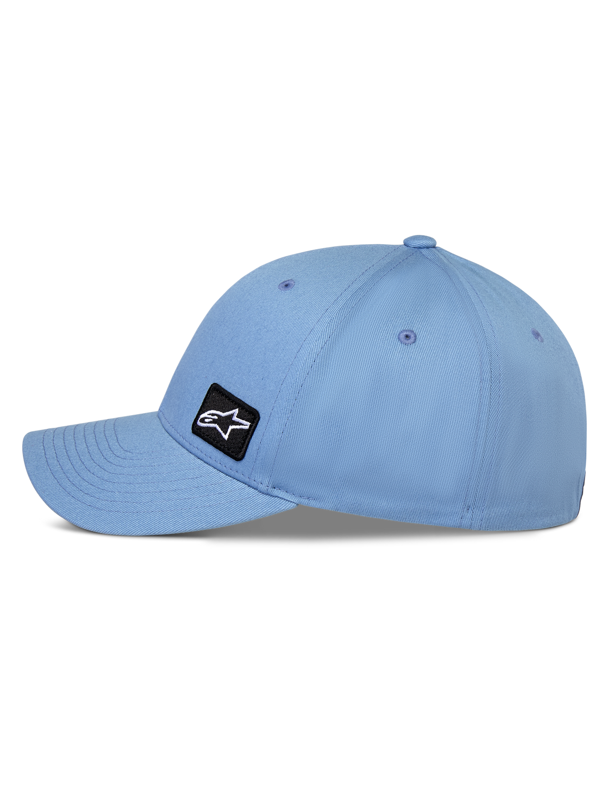Cappello Alpinestars Pivot, blu, cappellino stile baseball con visiera curva, vista laterale con corona strutturata e tessuto in twill, piccola toppa con logo Astars ricamato nero, abbigliamento sportivo casual ispirato al motorsport