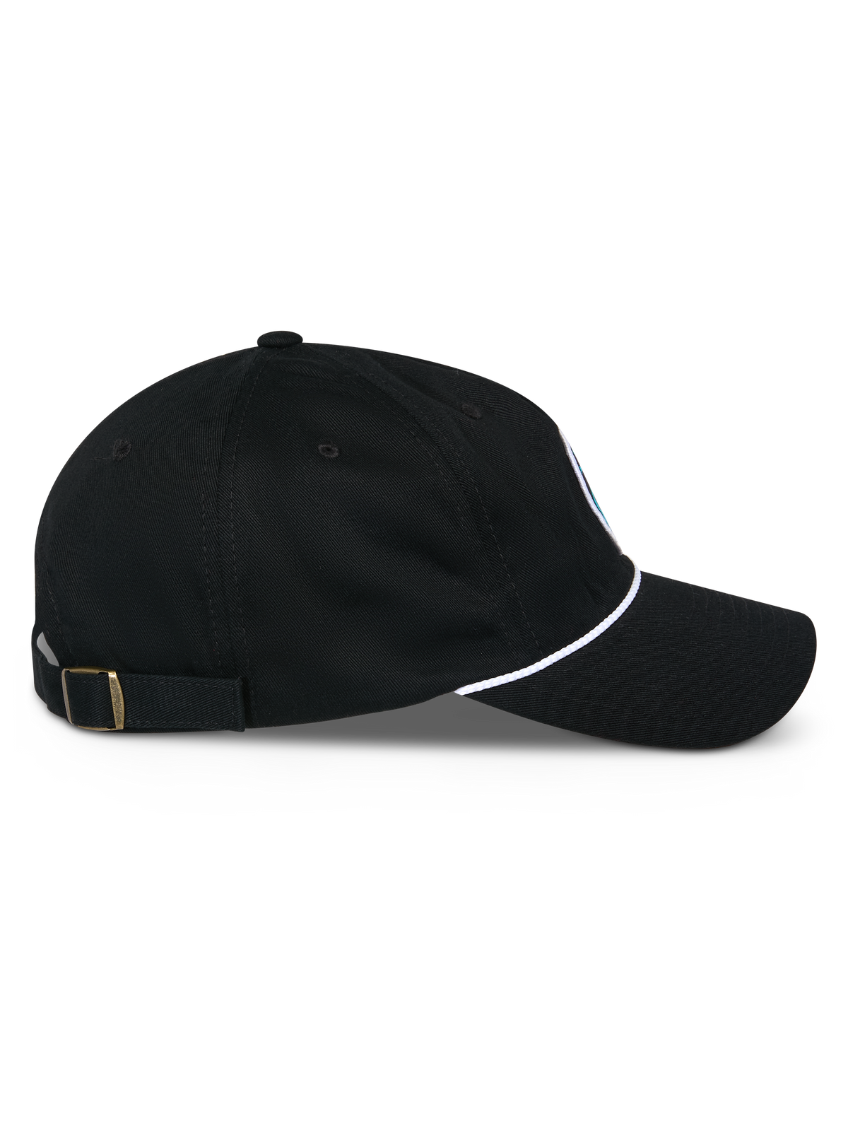 Cappello Alpinestars Calipalm Strapback, profilo laterale, nero, visiera curva con dettaglio cordino bianco, chiusura regolabile con fibbia in ottone, 100% twill di cotone, copricapo casual di ispirazione motorsport