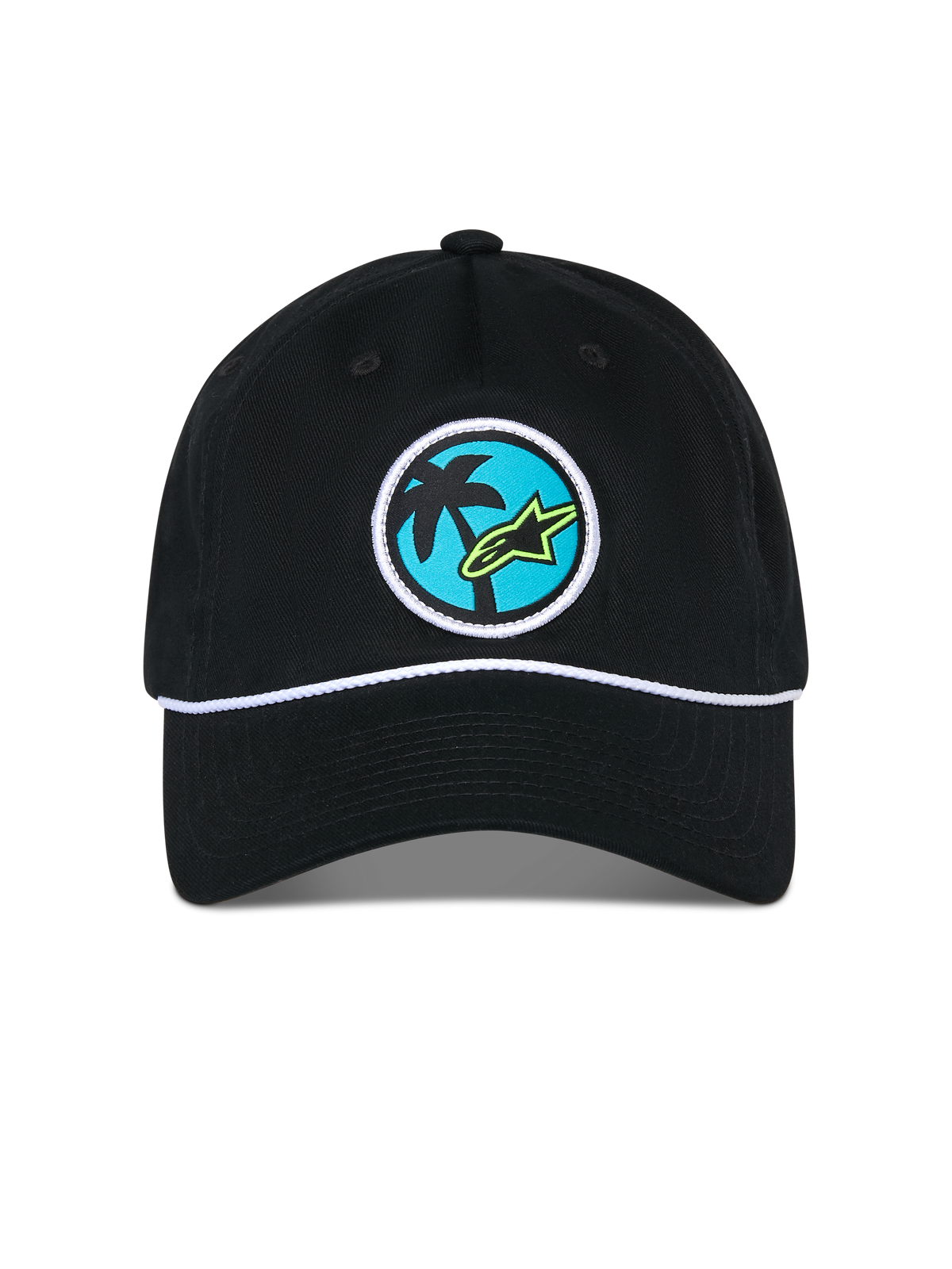 Cappello Alpinestars Calipalm Strapback, cappello nero, caratterizzato da una toppa circolare tessuta con una palma e logo Astars verde lime su sfondo blu, dettaglio cordino bianco sopra la visiera, abbigliamento sportivo casual