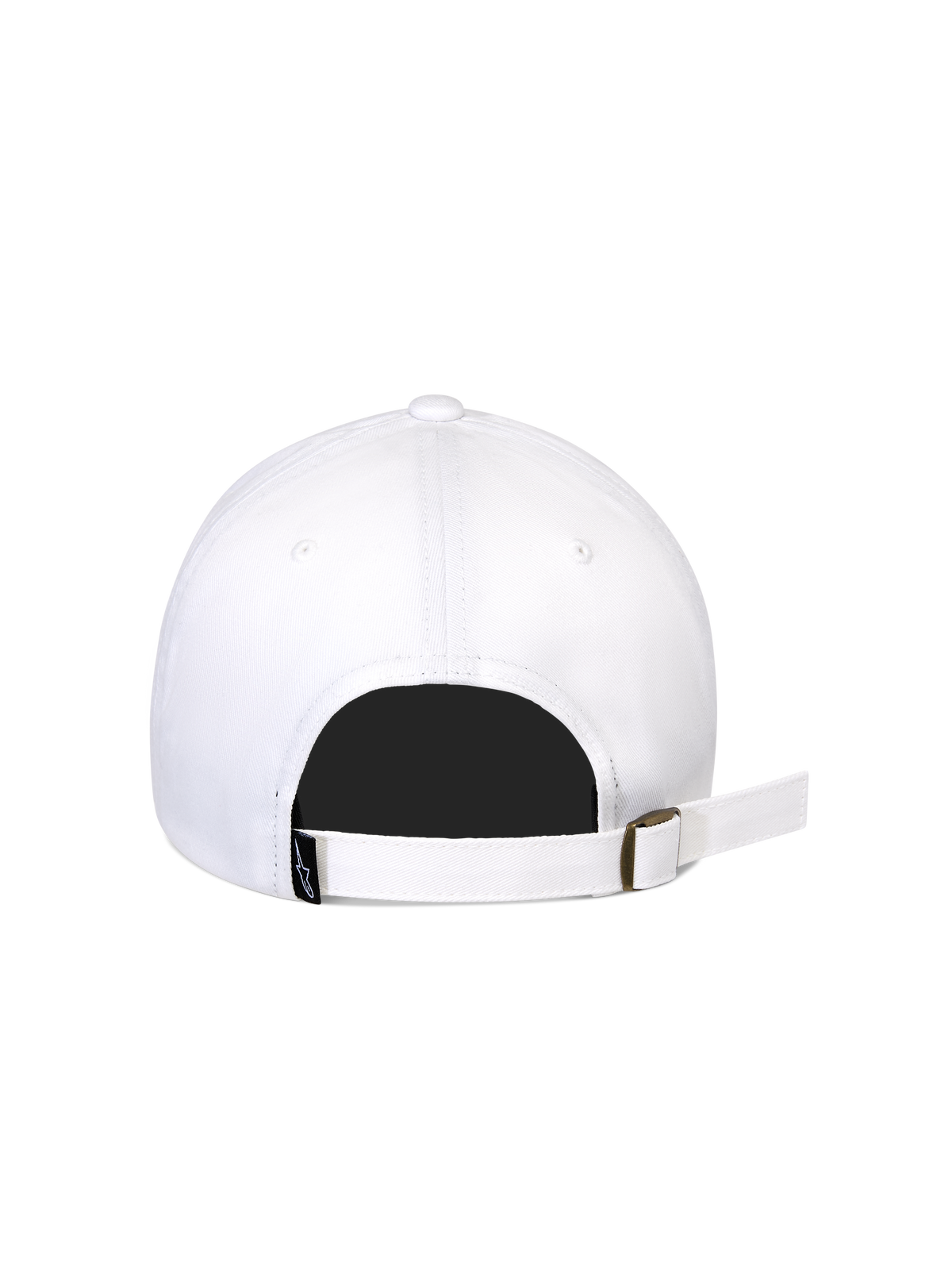 Alpinestars Calipalm Strapback Hat, bianco, vista posteriore che mostra la chiusura strapback regolabile con fibbia in metallo, tessuto in twill di cotone bianco, piccola etichetta con logo in tessuto nero, design casual sportswear