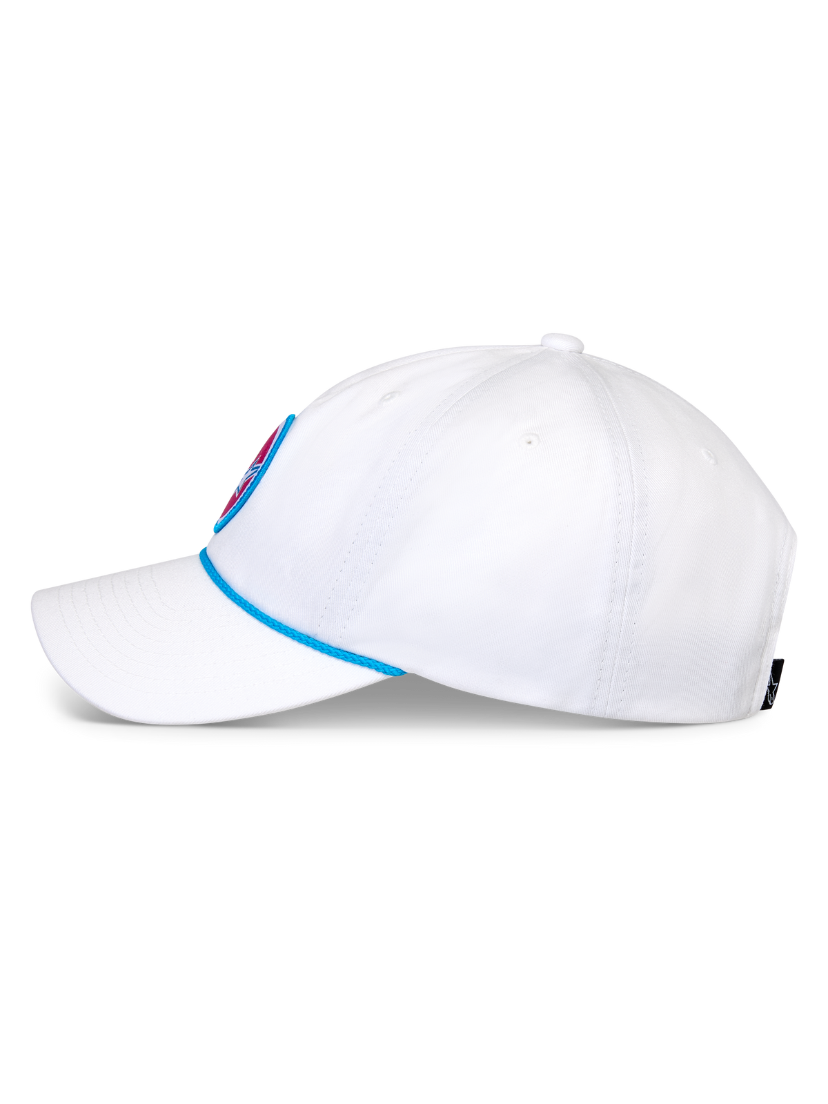 Cappello Alpinestars Calipalm Strapback, berretto da baseball bianco, vista laterale con visiera curva e dettaglio cordino blu, corona bassa non strutturata in twill di cotone bianco, copricapo sportswear casual