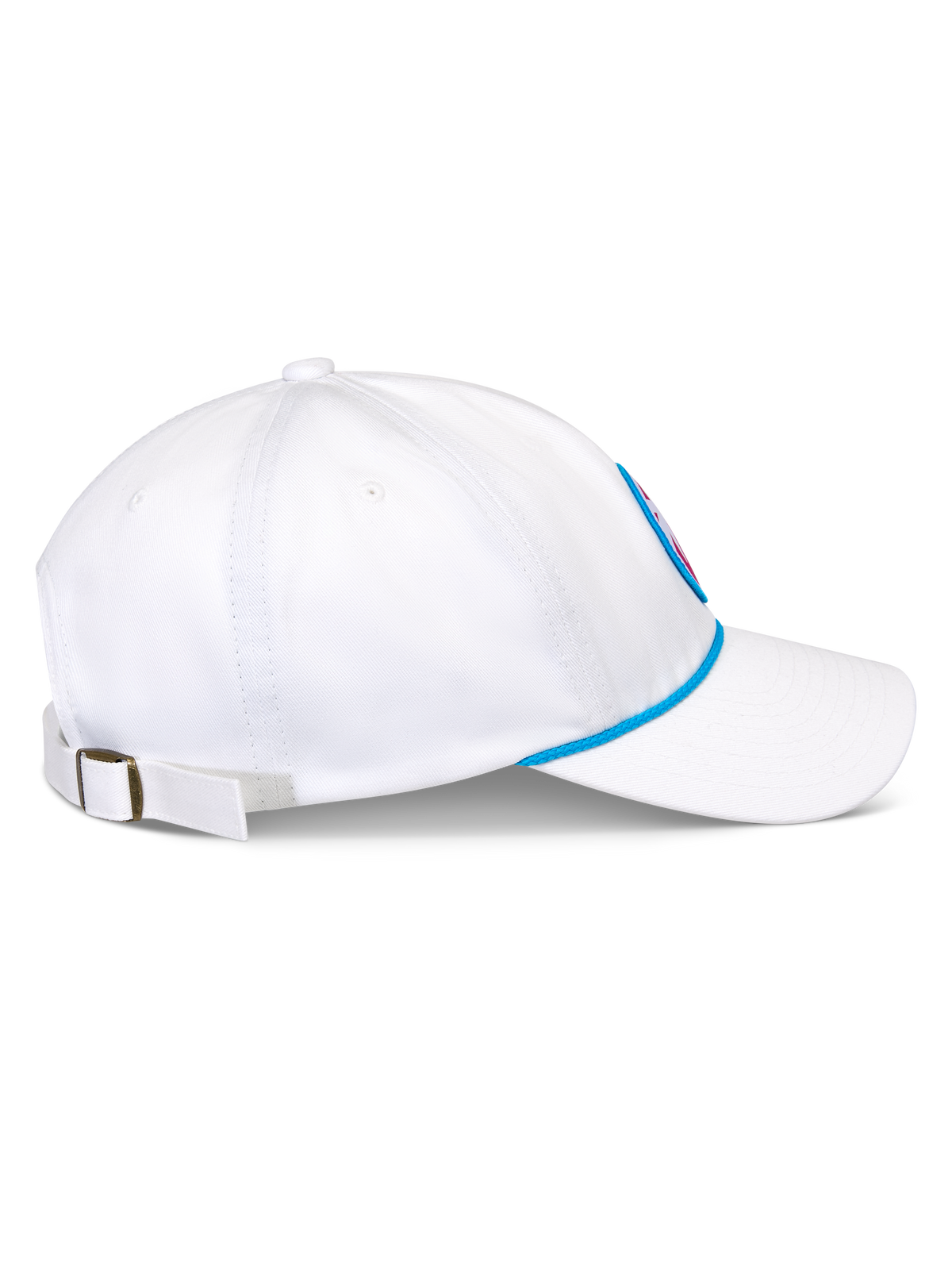 Cappello Alpinestars Calipalm Strapback, bianco, vista laterale che mostra la visiera curva e la corona bassa non strutturata, dettaglio in corda blu alla base, cinturino posteriore regolabile con fibbia in metallo, abbigliamento sportivo casual in twill di cotone