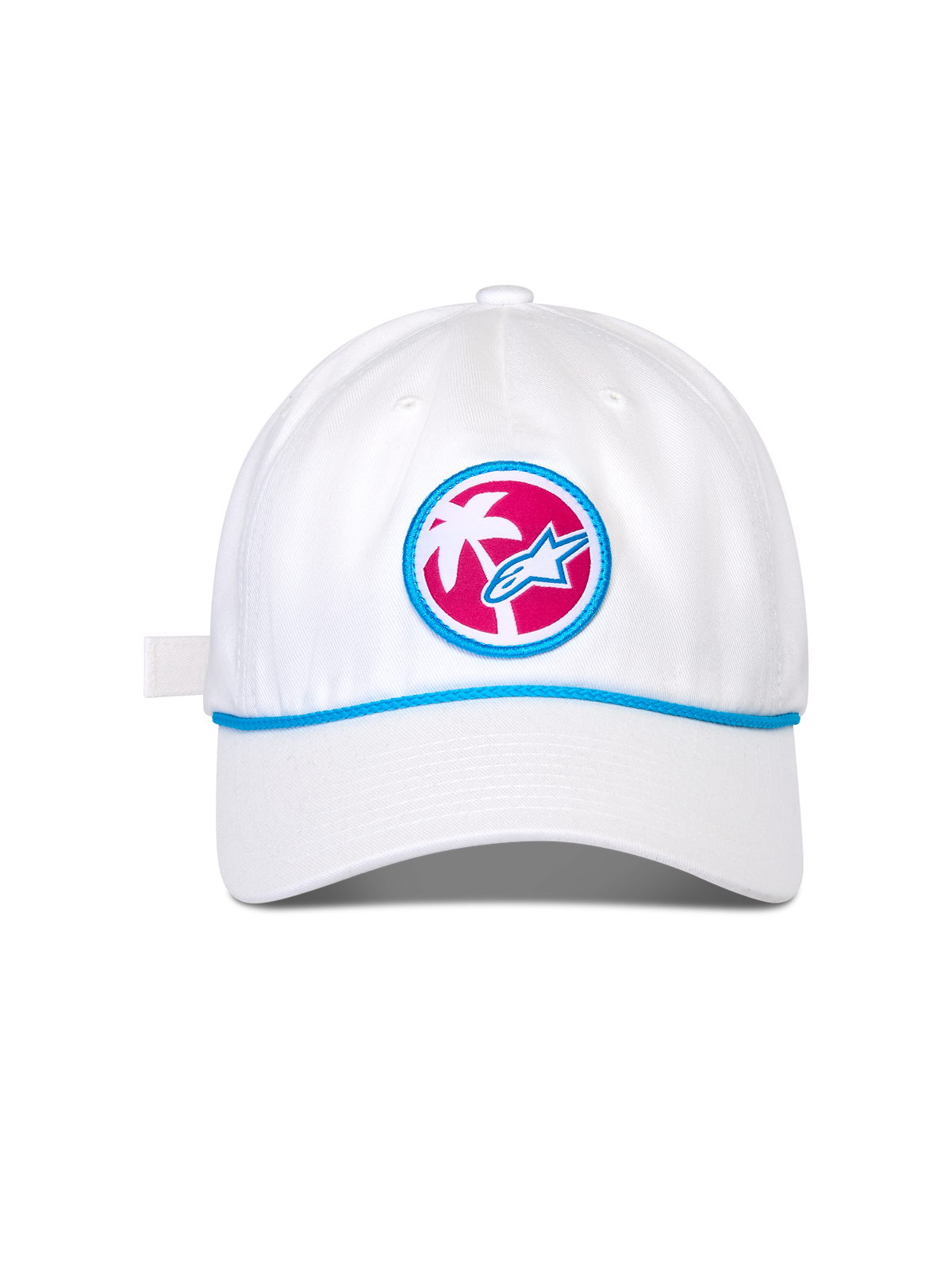 Cappello Alpinestars Calipalm Strapback, cappellino da baseball bianco, visiera curva con dettaglio a cordino blu, toppa frontale circolare con sfondo rosa, palma bianca e logo Astars blu, copricapo sportivo casual