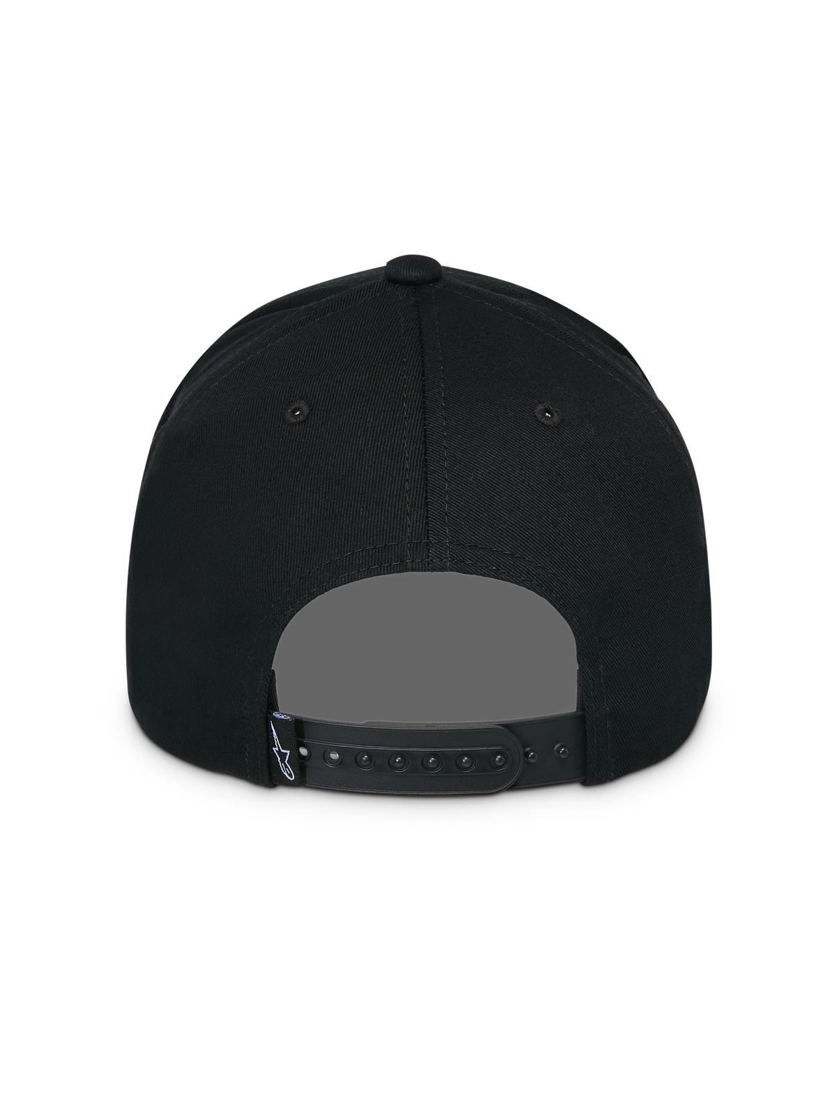 Cappello Alpinestars Lucid Snapback, nero, vista posteriore, con chiusura snapback regolabile e piccola etichetta con logo Astars, corona strutturata, copricapo casual ispirato al motorsport