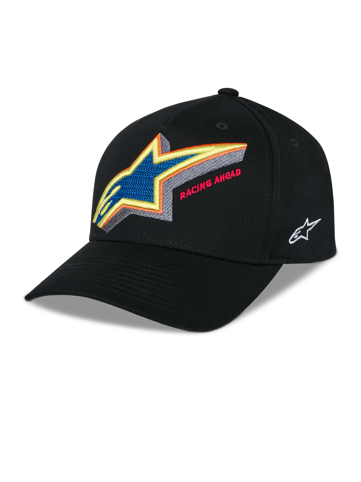 Cappello Alpinestars Lucid Snapback, cappellino da baseball strutturato nero, logo Astars ricamato multicolore vivace con scritta 'Racing Ahead' sul davanti, visiera curva, logo laterale bianco ricamato, copricapo motorsport casual