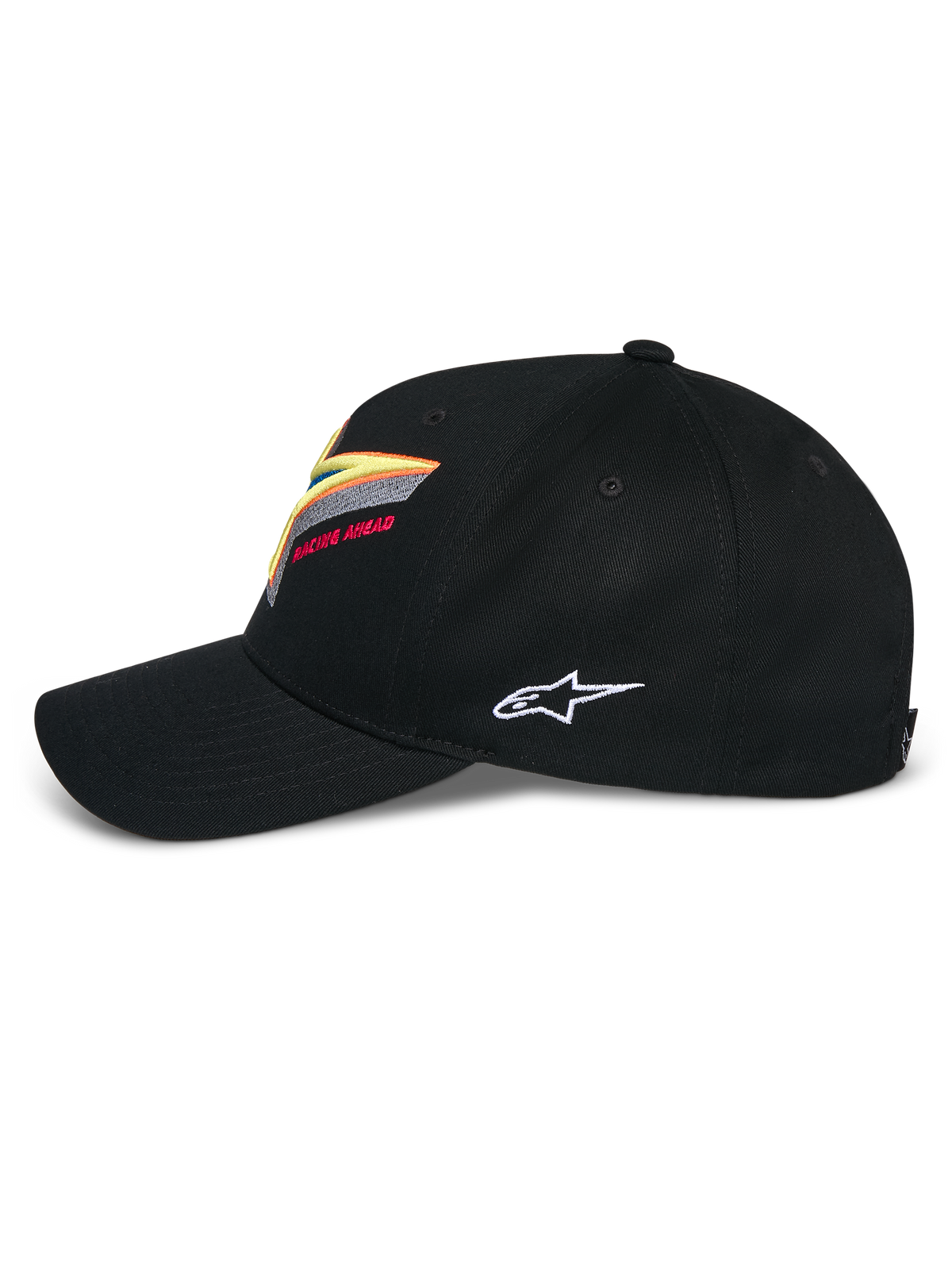 Cappello Alpinestars Lucid Snapback, nero, corona strutturata con visiera curva, con vivace ricamo multicolore del logo Astars sul davanti e logo laterale bianco, abbigliamento sportivo casual ispirato al motorsport