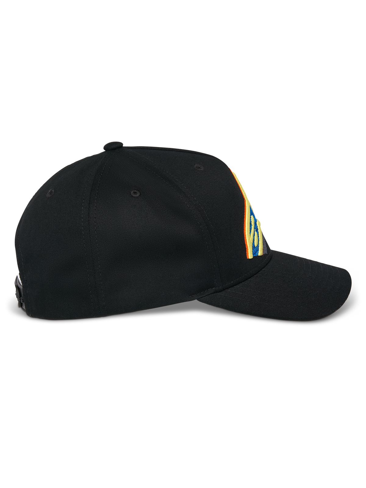 Alpinestars Lucid Snapback Hat, cappello nero, vista di profilo laterale, visiera curva con corona strutturata, vivace ricamo del logo multicolore, tessuto in twill di cotone 100%
