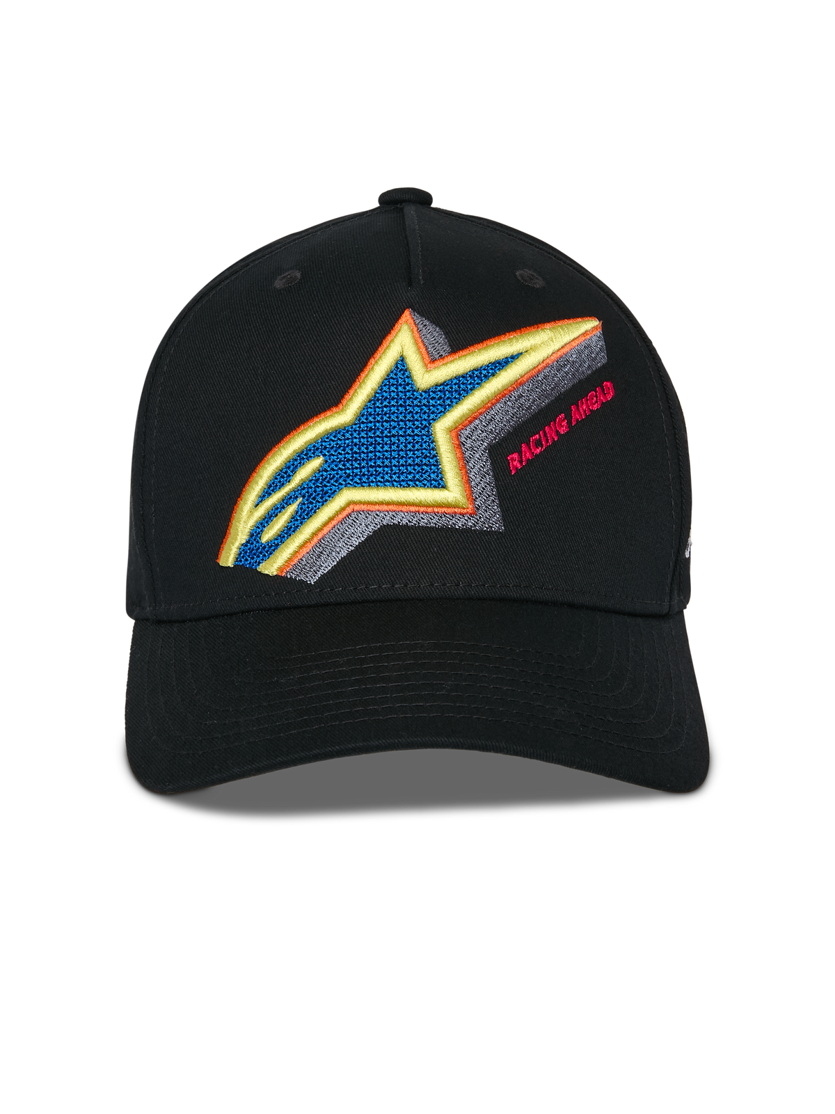 Cappello Alpinestars Lucid Snapback, nero, vista frontale con ricamo del logo Astars multicolore e scritta Racing Ahead, visiera curva e corona strutturata, accessorio casual sportswear