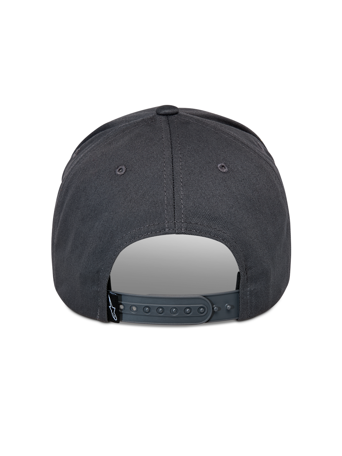 Cappello Alpinestars Lucid Snapback, grigio antracite, vista posteriore con chiusura snapback regolabile in plastica e piccola etichetta nera con logo, corona strutturata, accessorio casual ispirato al motorsport