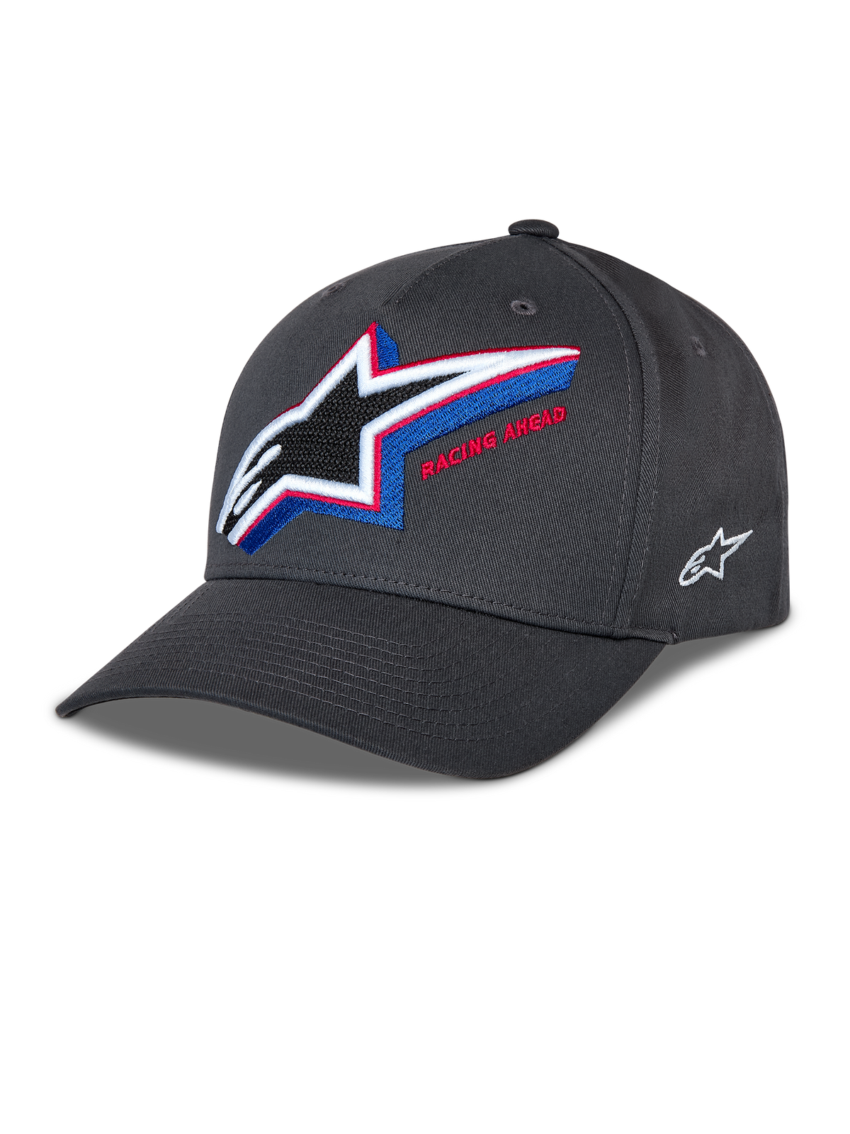 Cappello Alpinestars Lucid Snapback, cappellino da baseball grigio antracite, visiera curva con corona strutturata, grande logo Astars ricamato multicolore sul davanti con scritta 'Racing Ahead', piccolo logo laterale bianco, stile motorsport casual