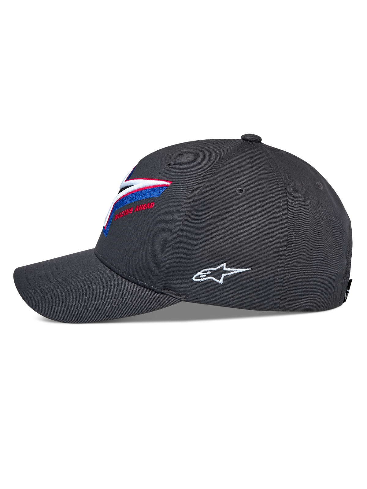 Cappello Alpinestars Lucid Snapback, vista laterale, grigio antracite, visiera curva con corona strutturata, ricamo del logo frontale multicolore vivace, logo Astars laterale bianco, copricapo casual motorsport