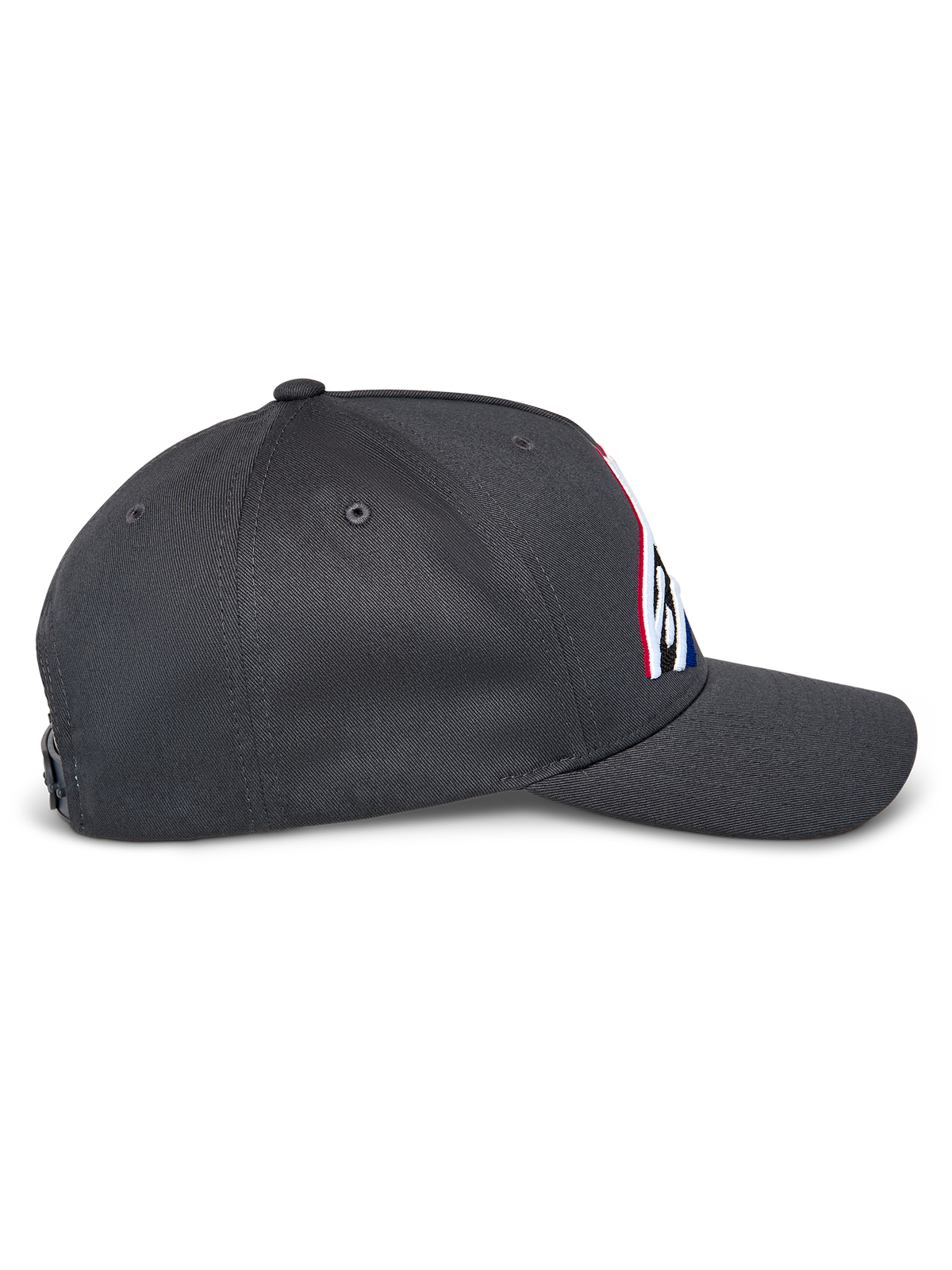 Alpinestars Lucid Snapback Hat, vista laterale, grigio antracite, visiera curva e corona strutturata, logo frontale ricamato con riempimento multicolore, snapback casual ispirato al motorsport