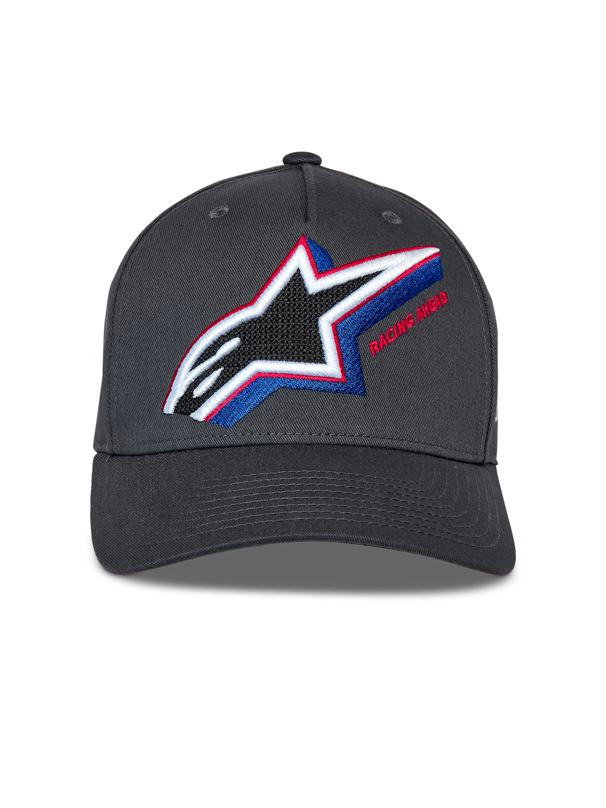 Cappello Alpinestars Lucid Snapback, grigio antracite, con logo Astars ricamato multicolore con accenti rossi e blu, visiera curva, corona strutturata, abbigliamento streetwear casual da motorsport
