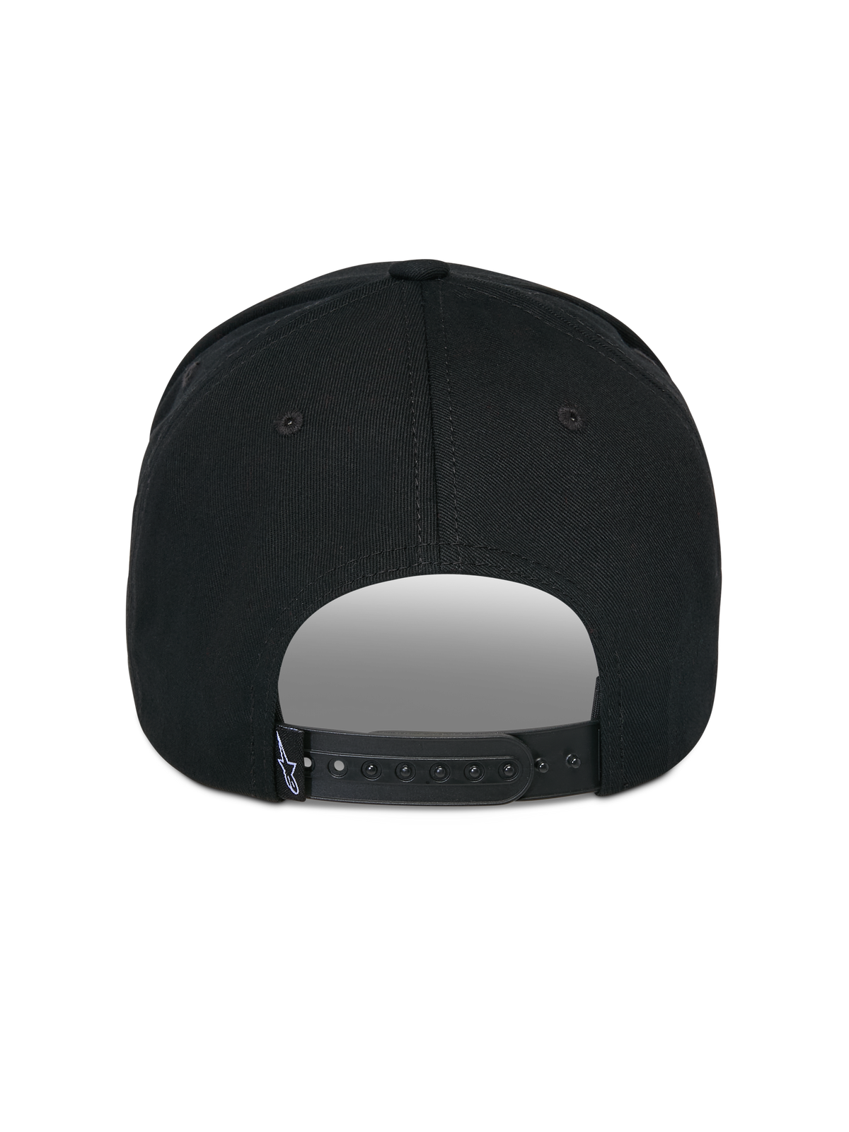 Cappello Alpinestars Matrix Snapback, nero, vista posteriore, con chiusura snapback regolabile e piccola etichetta con logo bianco, corona strutturata e visiera curva, streetwear casual ispirato al motorsport