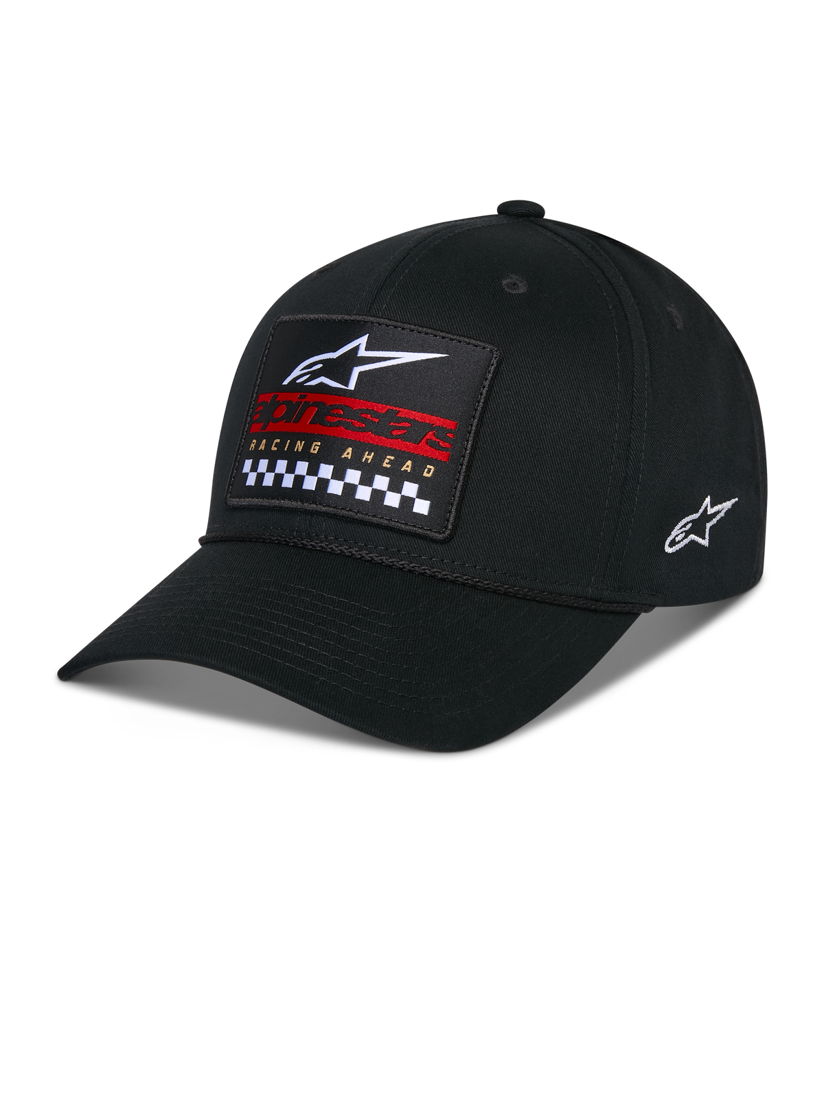 Cappello Alpinestars Matrix Snapback, nero, visiera curva con corona strutturata, toppa ricamata multicolore sul davanti con logo Alpinestars, marchio rosso e motivo a scacchi, logo ricamato laterale, copricapo casual motorsport
