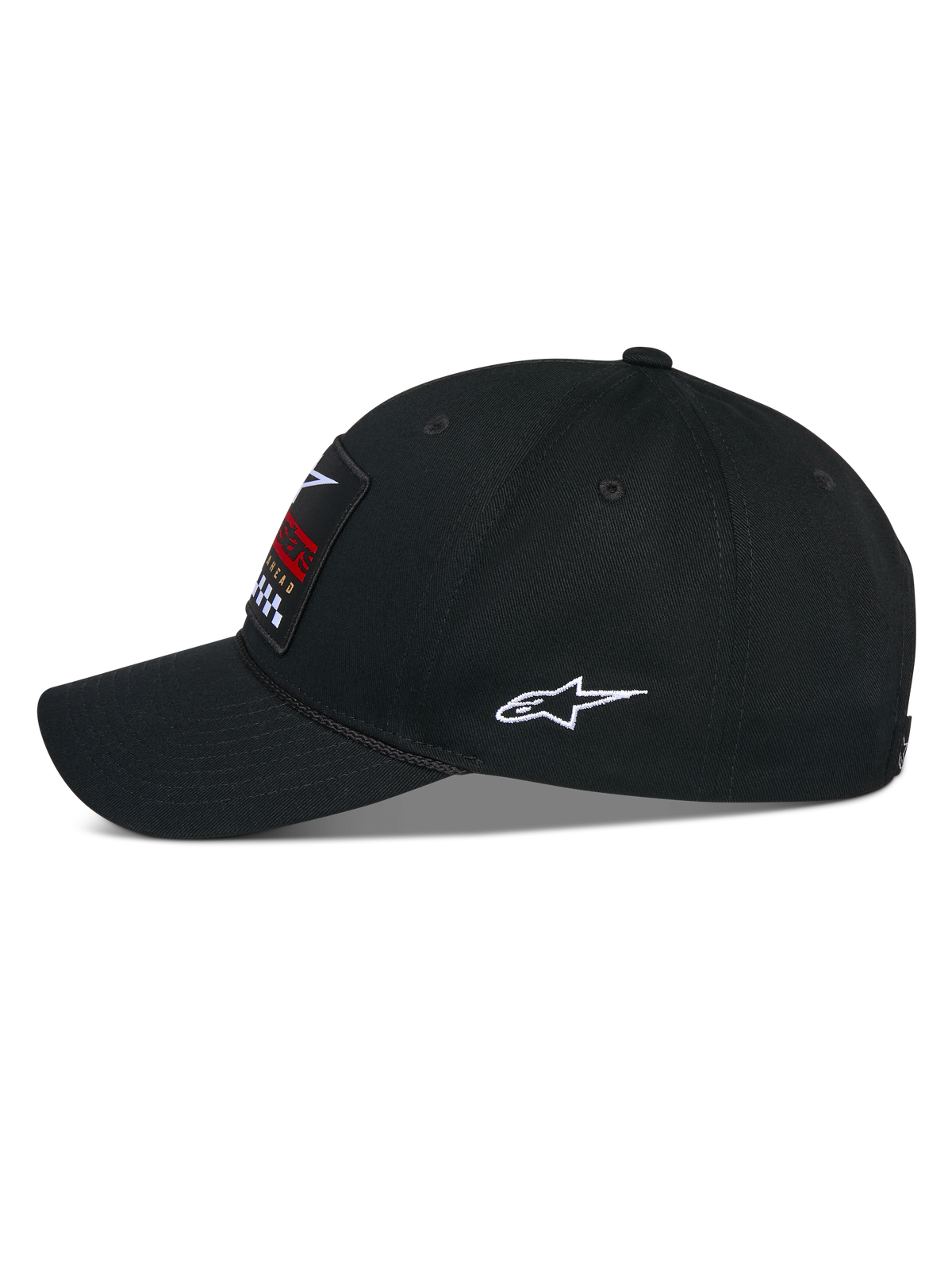 Cappello Alpinestars Matrix Snapback, nero, vista laterale di un cappellino da baseball con visiera curva e corona strutturata, con toppa ricamata multicolore sul davanti e logo Astars bianco sul lato, realizzato in twill di cotone
