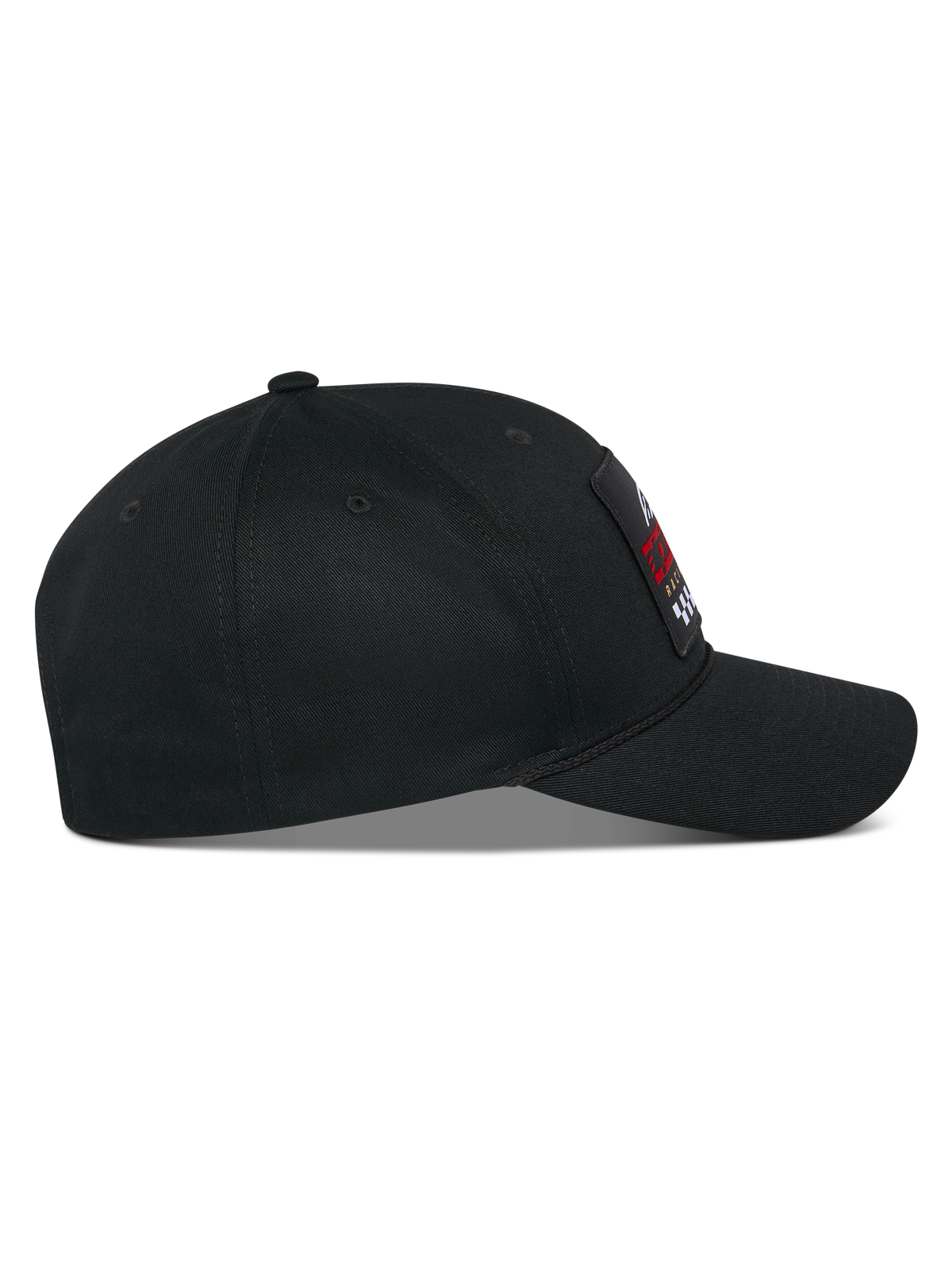 Cappello Alpinestars Matrix Snapback, profilo laterale, cappello in twill di cotone nero con visiera curva e corona strutturata, toppa ricamata multicolore sul davanti, streetwear casual motorsport