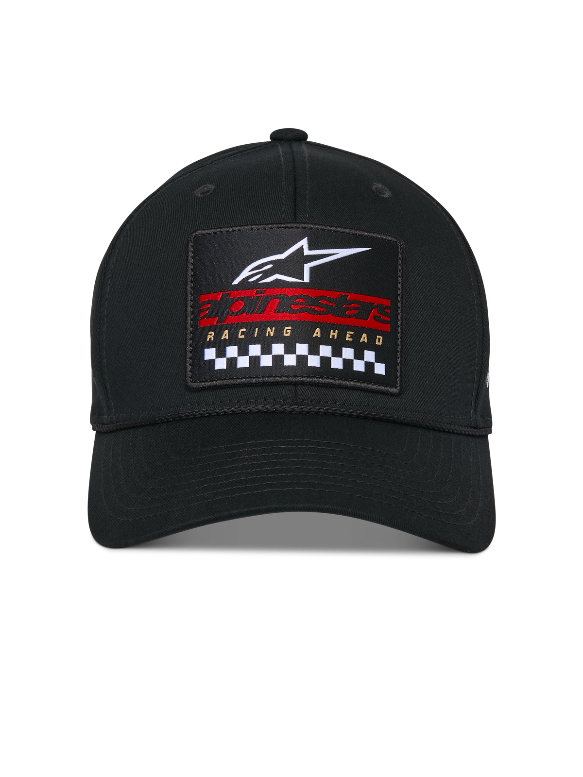 Cappello Alpinestars Matrix Snapback, nero, corona strutturata e visiera curva, vista frontale con toppa ricamata multicolore con logo Astars bianco, marchio rosso e motivo a scacchi bianco e nero, copricapo casual motorsport