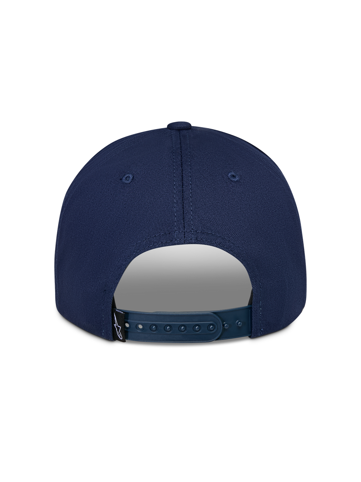 Cappello Alpinestars Trifecta Snapback, Navy, vista posteriore con chiusura snapback regolabile, piccola etichetta nera con logo, twill di cotone resistente, streetwear casual motorsport