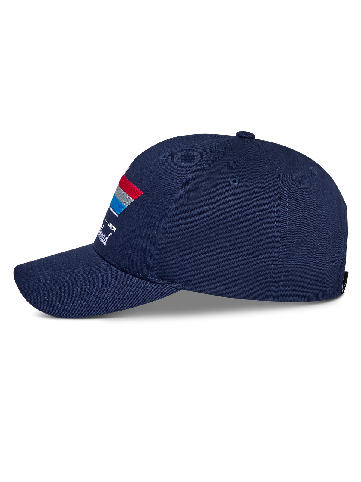 Alpinestars Trifecta Snapback Hat, blu navy, vista laterale, con visiera curva e grafica a strisce tricolore con testo bianco, abbigliamento casual motorsport
