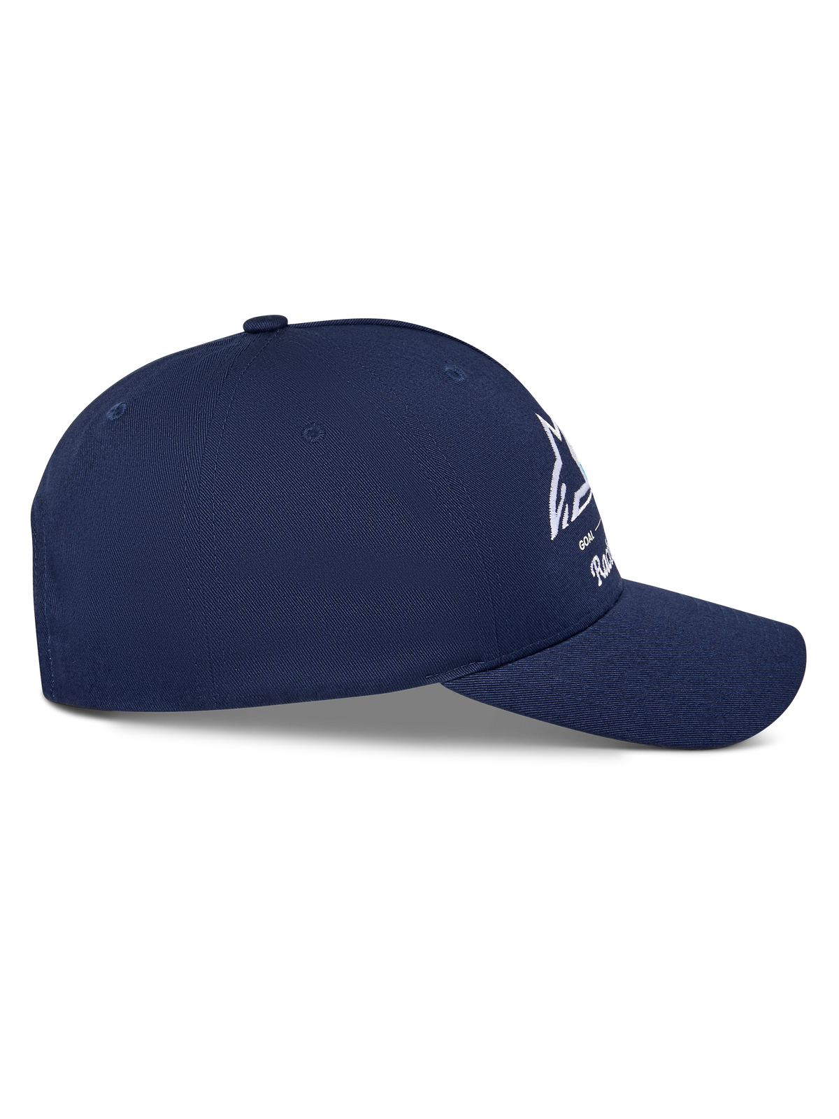 Cappello Alpinestars Trifecta Snapback, blu navy, vista di profilo con visiera curva e corona strutturata, logo Astars bianco con strisce tricolore, tessuto in twill, streetwear casual ispirato al motorsport