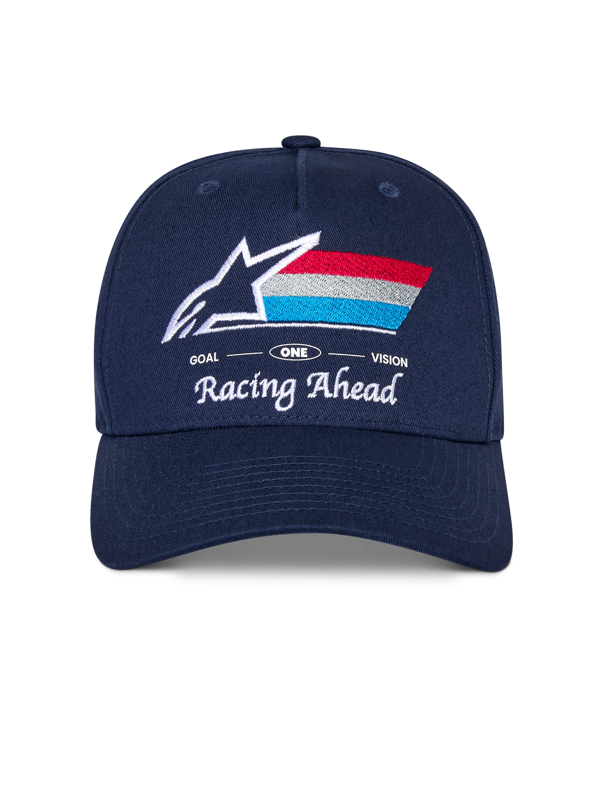 Cappello Alpinestars Trifecta Snapback, cappellino blu navy con visiera curva, con logo frontale ricamato con stella bianca e strisce tricolore, scritte bianche 'Racing Ahead' e 'Goal One Vision', corona strutturata, copricapo casual ispirato al motorsport