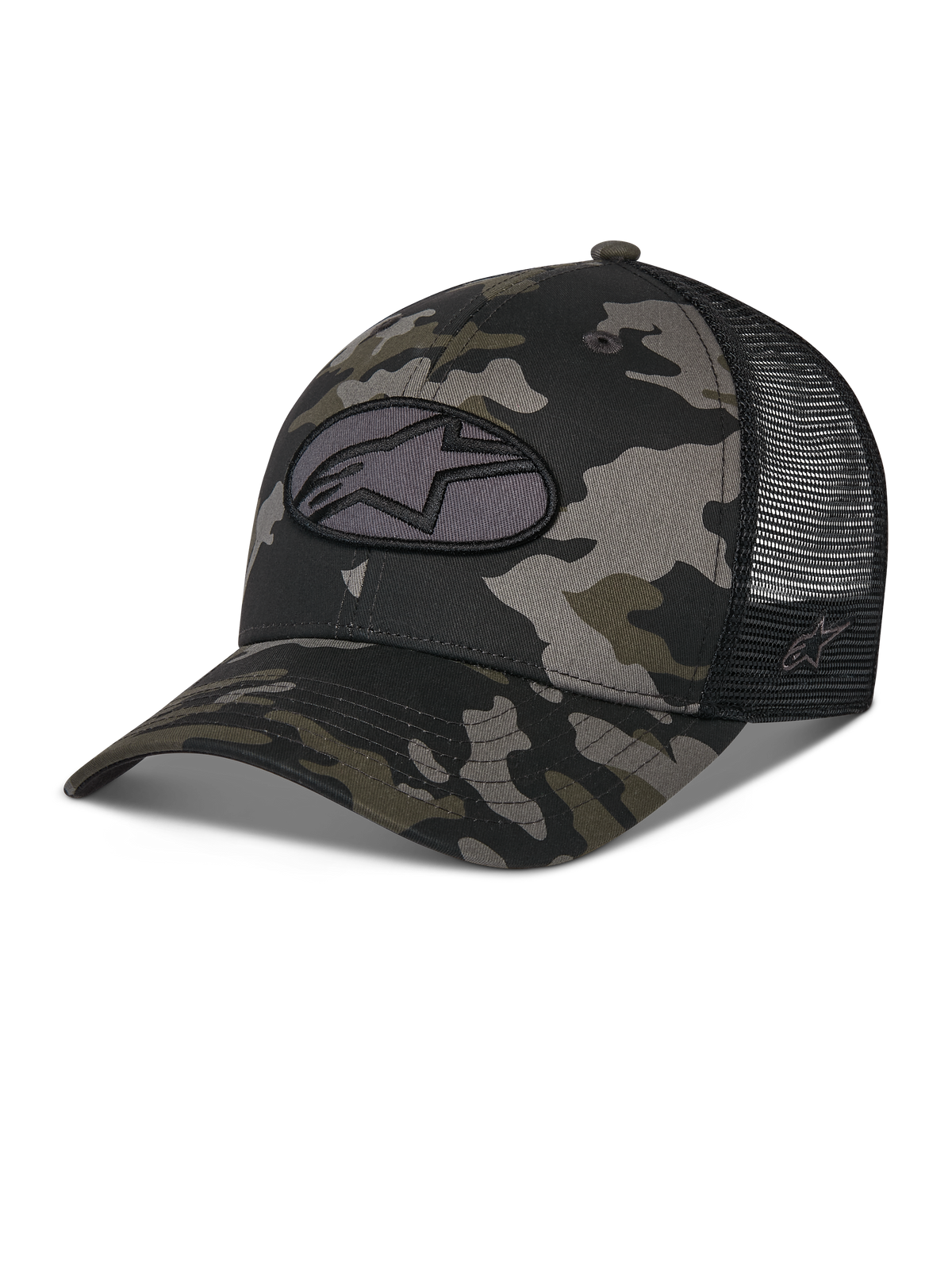 Cappellino Alpinestars Oblique Camo Trucker, motivo mimetico nero con retro in rete nera, patch ovale ricamata con logo Astars sul davanti, visiera curva e corona strutturata, accessorio casual ispirato al motorsport