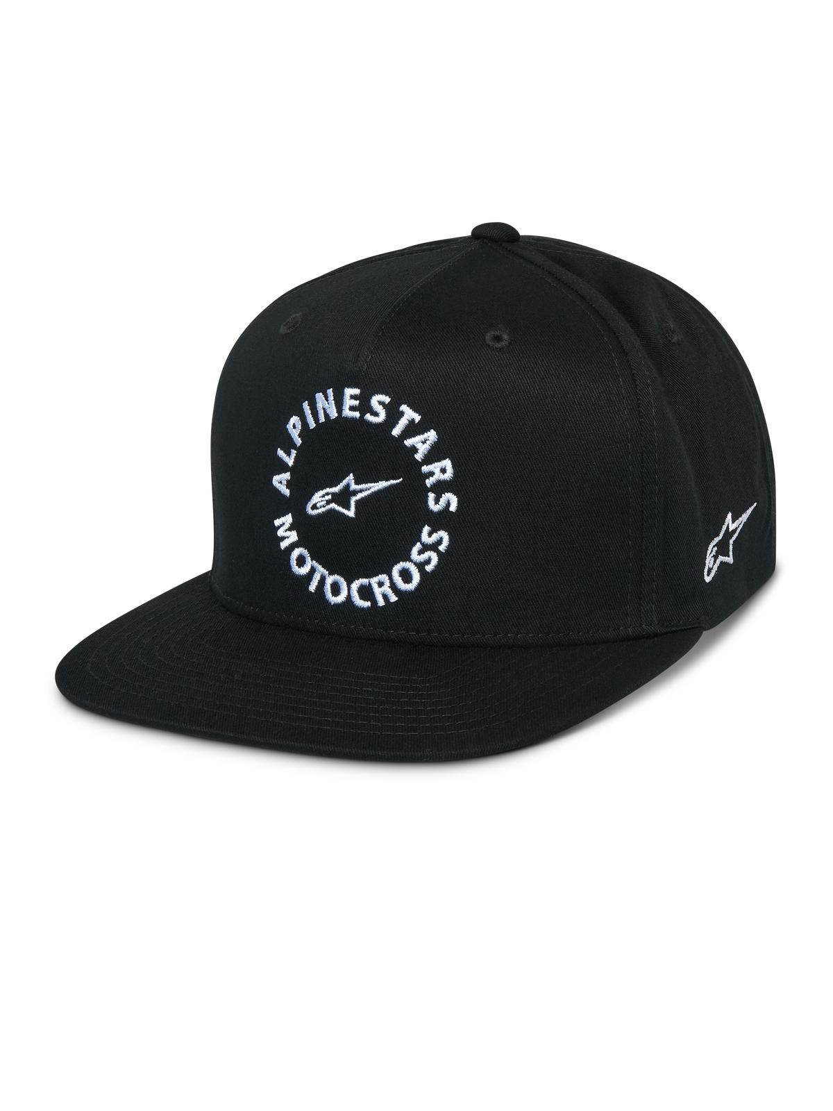 Cappello Alpinestars MX Snapback, cappellino nero a visiera piatta, corona strutturata, grafica frontale circolare bianca Alpinestars Motocross, logo Astars ricamato sul lato, twill di cotone 100%, abbigliamento sportivo casual motorsport