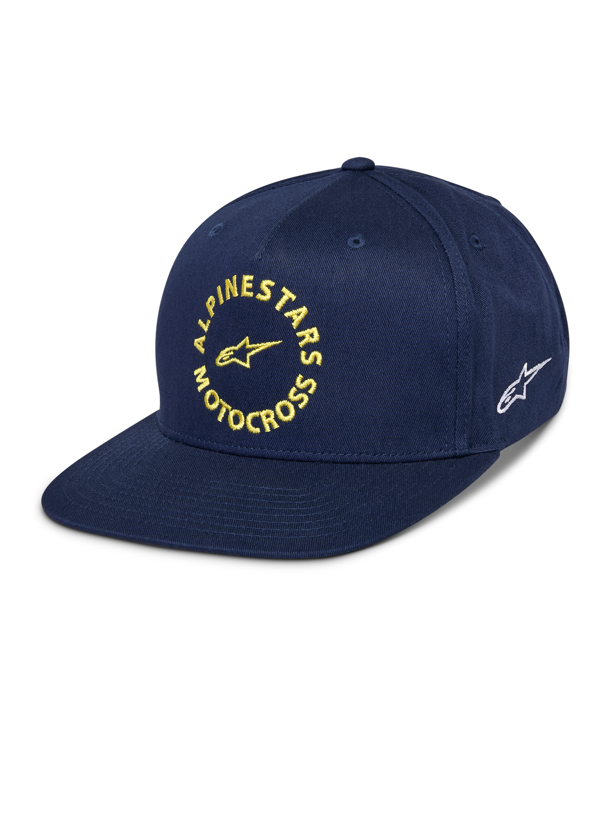 Cappello Alpinestars MX Snapback, blu navy, visiera piatta con corona strutturata, grafica frontale Alpinestars Motocross ricamata in giallo, logo Astars bianco laterale, twill di cotone, copricapo casual da motorsport