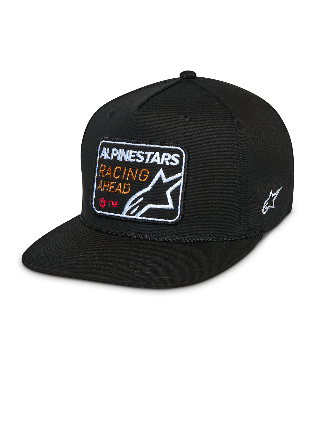 Alpinestars Intuitive Snapback Hat, nero, visiera piatta con corona strutturata, patch ricamata frontale con scritta 'Alpinestars Racing Ahead' e logo, logo Astars bianco laterale, cappello casual in twill