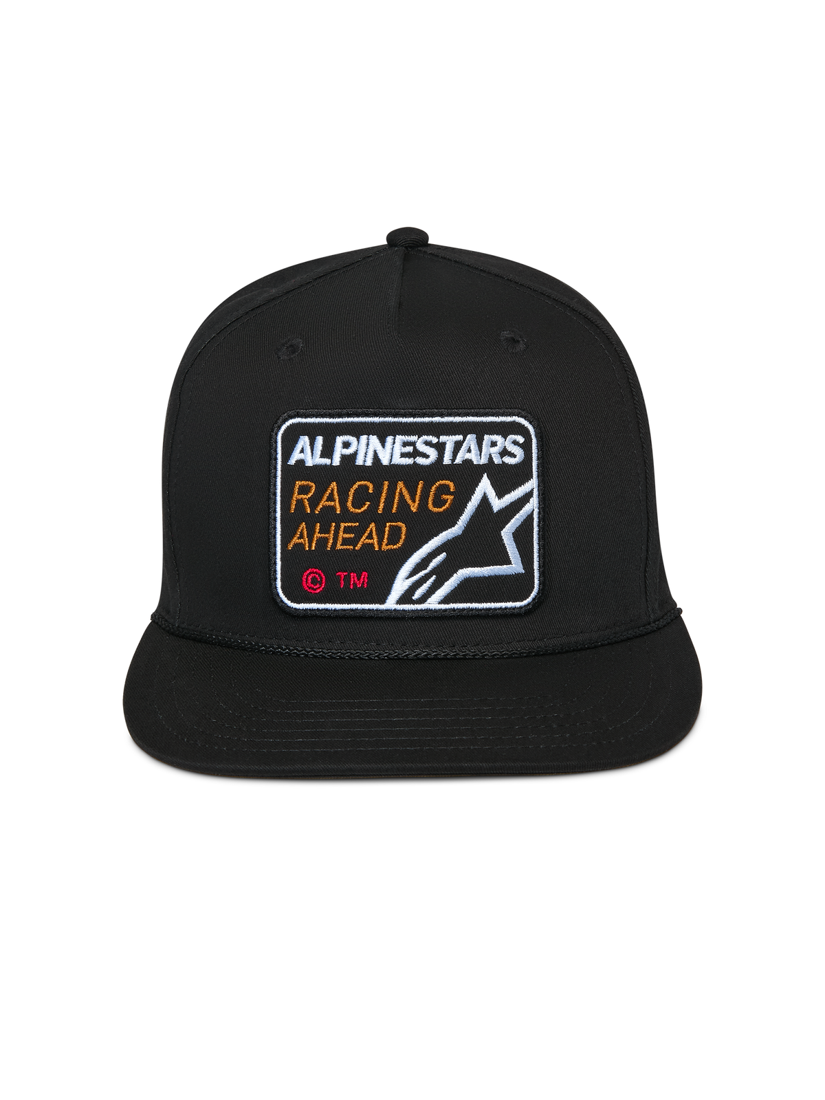 Cappello Alpinestars Intuitive Snapback, nero, patch ricamata frontale Alpinestars Racing Ahead, visiera piatta con corona strutturata, copricapo casual motorsport