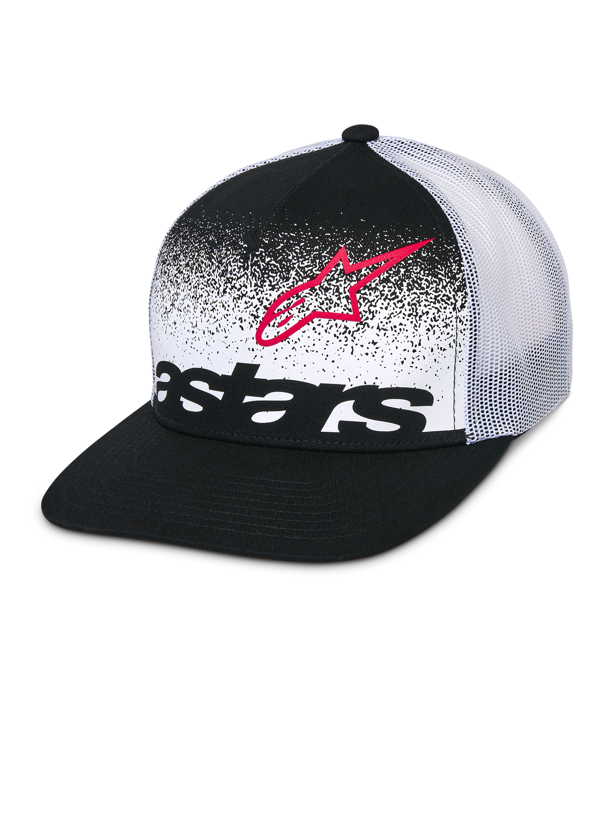 Alpinestars Cappellino Trucker Component, nero e bianco, visiera piatta con corona strutturata, retro in rete bianca traspirante, pannello frontale con profilo del logo Astars rosso e wordmark nero con design a gradazione MX, copricapo casual motorsport