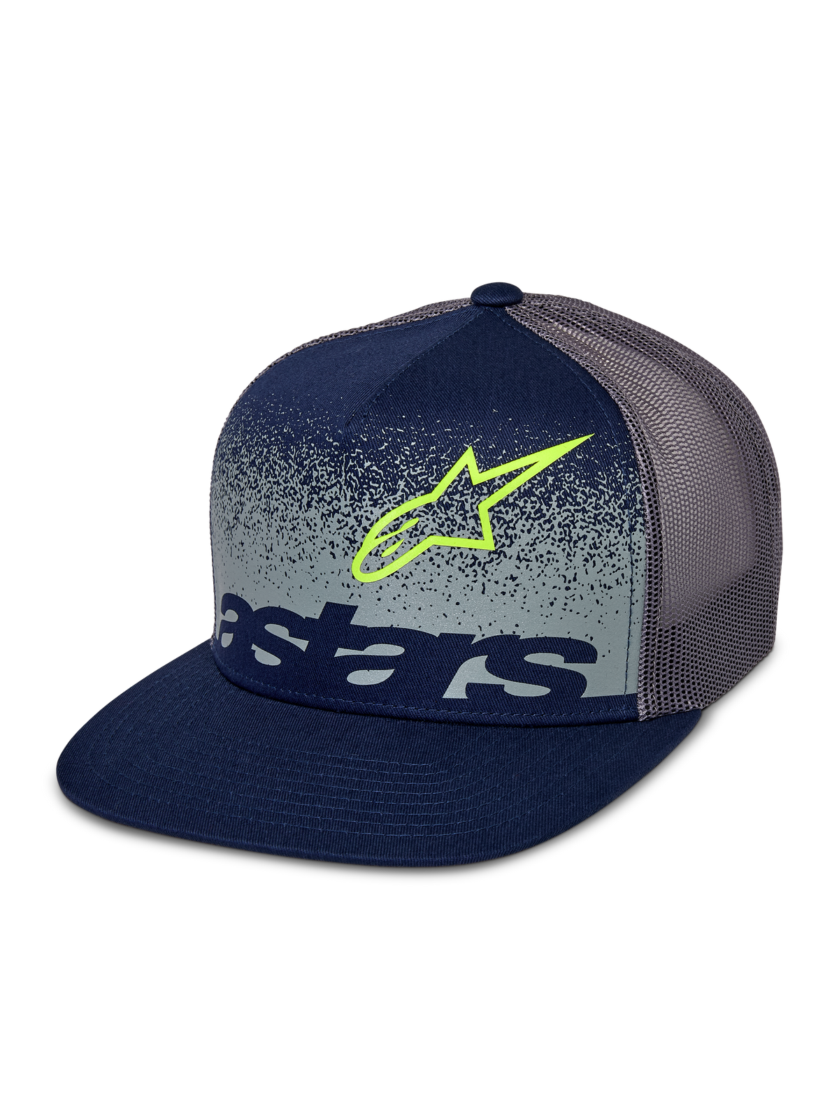 Cappellino Alpinestars Component Trucker, blu navy e grigio, visiera piatta con corona strutturata, retro in rete grigia, logo Astars verde lime e scritta navy su pannello frontale con sfumatura MX grigia punteggiata