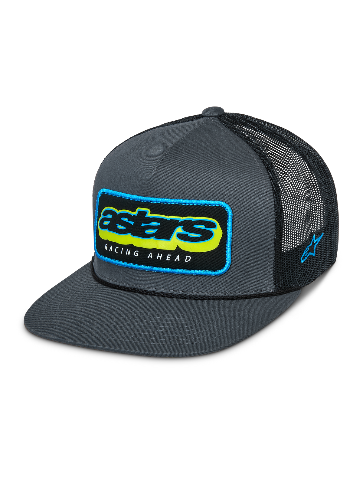 Cappello Trucker Alpinestars Phosphor, Charcoal Black, frontale in twill grigio e retro in rete nera, vivace logo Astars multicolore con scritta Racing Ahead, visiera piatta, ricamo laterale, copricapo casual ispirato al motorsport