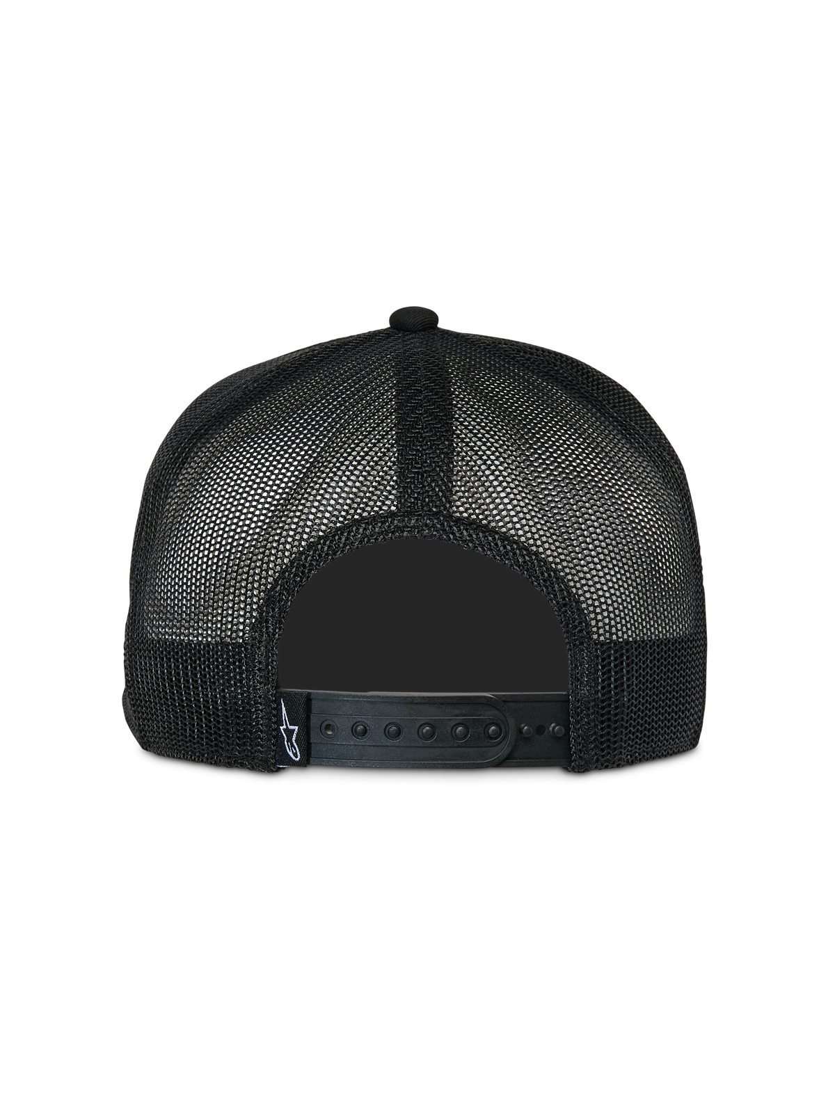 Cappellino Trucker Alpinestars Contender, nero, vista posteriore con tessuto a rete in poliestere e chiusura snapback regolabile, piccola etichetta con logo Astars bianco, copricapo casual ispirato al motorsport