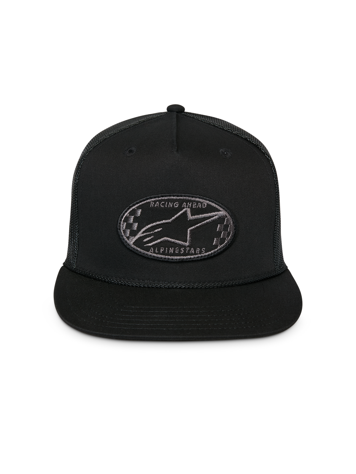 Alpinestars Cappello Trucker Contender, nero, cappellino snapback strutturato con visiera piatta, patch ricamata ovale con logo Astars a scacchi sul davanti, retro in rete, abbigliamento sportivo casual