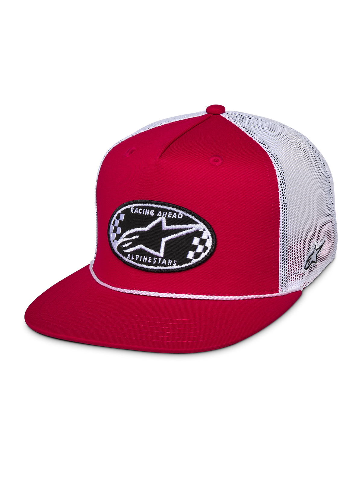 Alpinestars Cappellino Contender Trucker, rosso e bianco, snapback con visiera piatta con patch ovale ricamata Astars a scacchi sul davanti, retro in rete di poliestere bianca, streetwear casual da motorsport