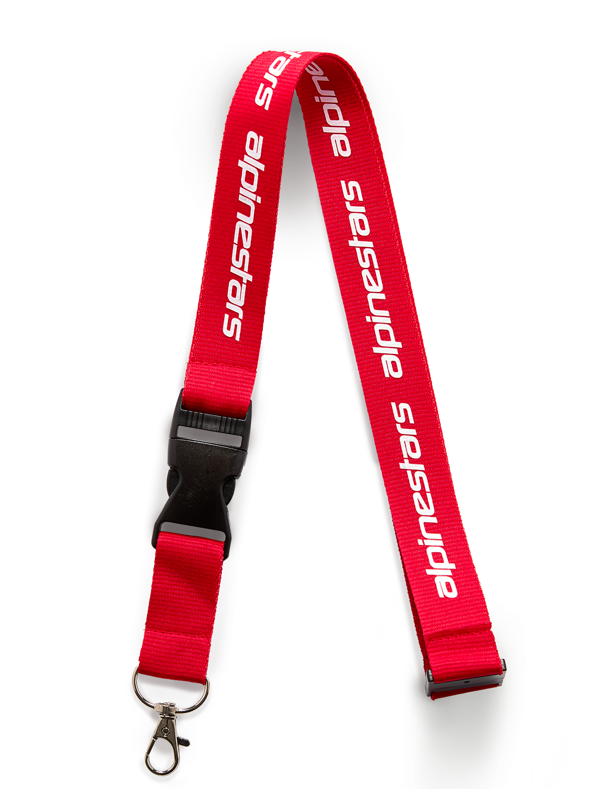 Lanyard Alpinestars Linear, rosso e bianco, con logo Alpinestars stampato, clip di sicurezza nera e gancio girevole in metallo staccabile, accessorio ispirato al motorsport
