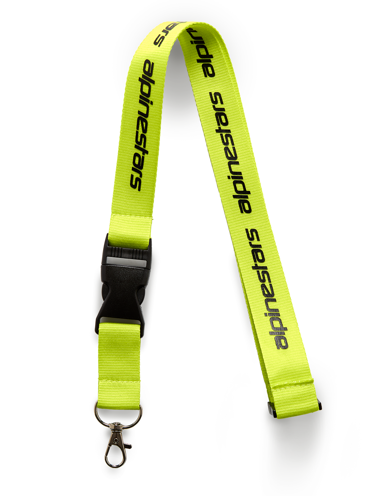 Alpinestars Linear Lanyard, giallo alta visibilità con logo nero stampato, fibbia a sgancio rapido in plastica nera e clip girevole in metallo, laccio da collo in poliestere da 50 cm, accessorio ispirato al motorsport