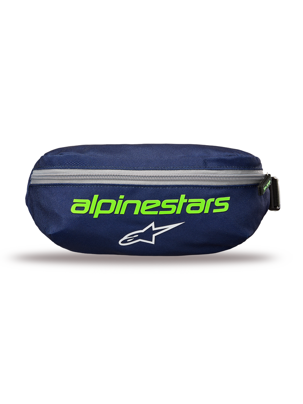 Alpinestars Only Linear Hip Bag, marsupio Navy Green, blu scuro con scritta Alpinestars in verde brillante e logo a stella bianco, cerniera grigia orizzontale, robusta struttura in poliestere, accessorio compatto per l'uso quotidiano.