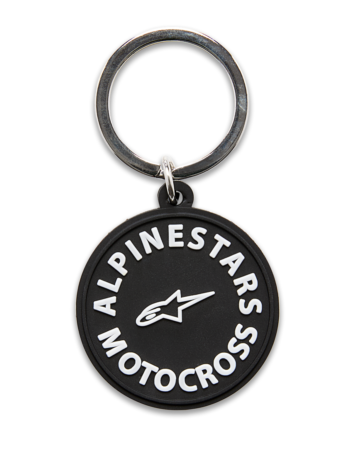 Alpinestars MX Keyfob, portachiavi circolare stampato in 3D, nero con grafiche Alpinestars Motocross e logo a stella bianchi, anello a scatto in metallo argentato, accessorio resistente per l'uso quotidiano