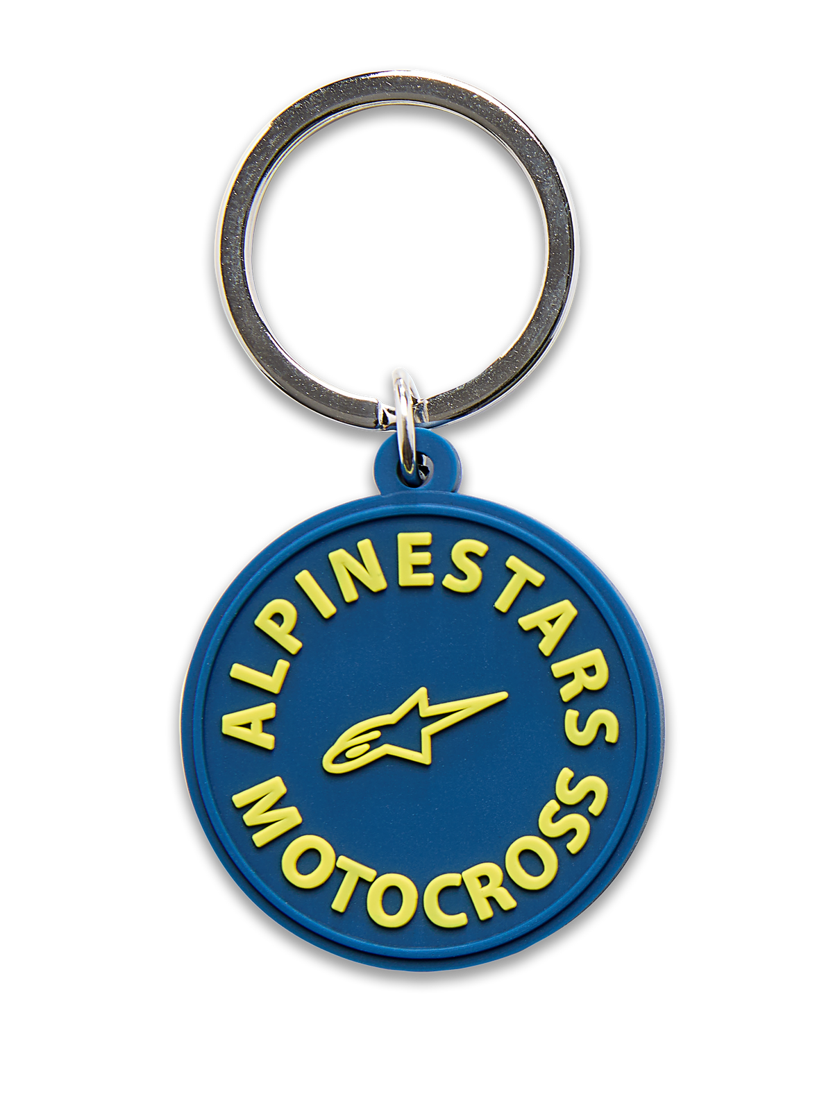 Portachiavi Alpinestars MX, blu navy e giallo, design circolare stampato in 3D con scritta Alpinestars Motocross e logo a stella gialli, anello a scatto in metallo argentato, accessorio ispirato al motorsport
