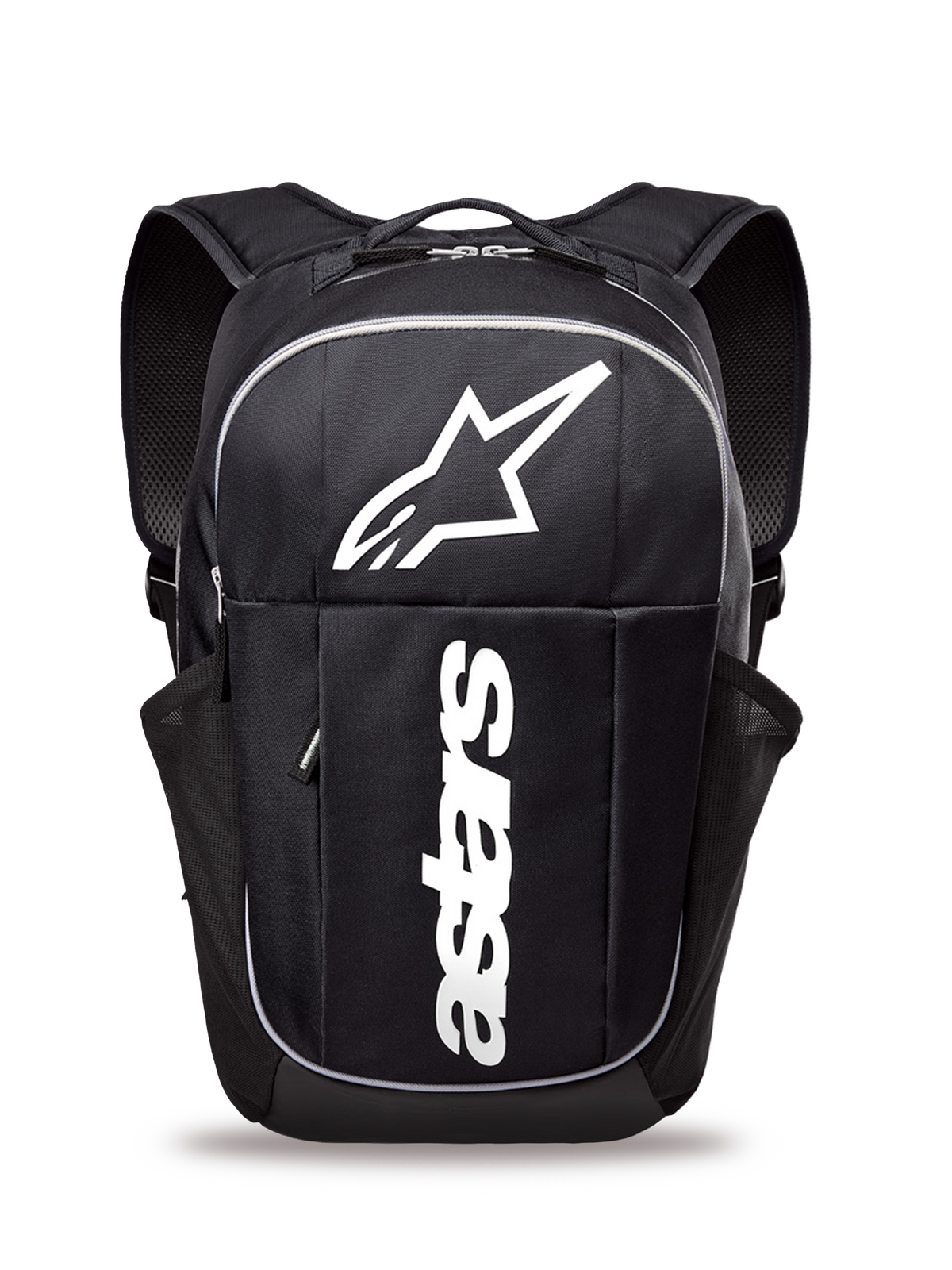 Alpinestars GFX Boss Backpack, zaino quotidiano di medie dimensioni, nero e bianco, con grande logo Astars bianco e marchio verticale, tasche laterali in rete per bottiglie d'acqua, spallacci imbottiti in air mesh, struttura resistente per uso casual